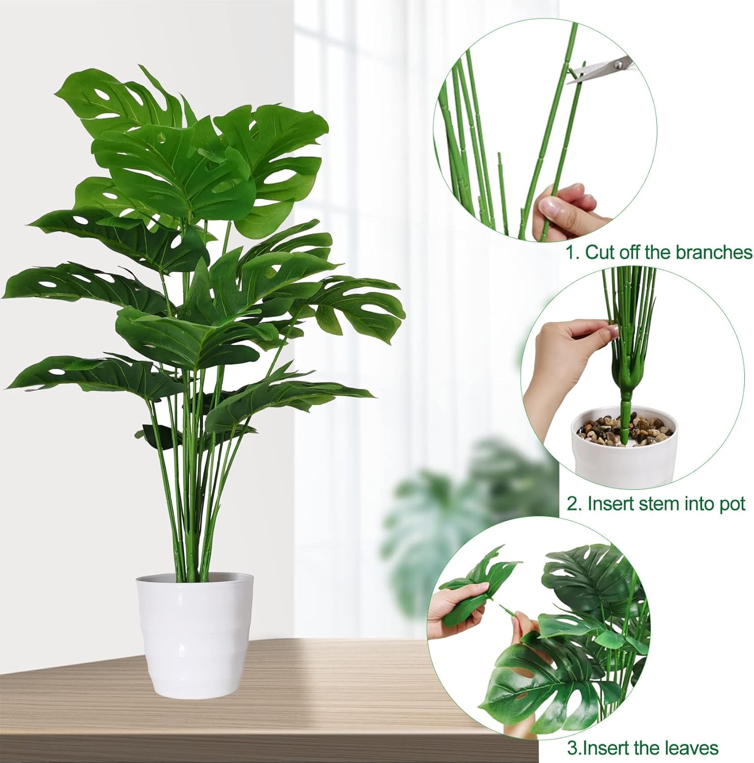 Set of 2 Artificial Monstera Deliciosa Plants in Pots Fake Tropical Palm Tree W/