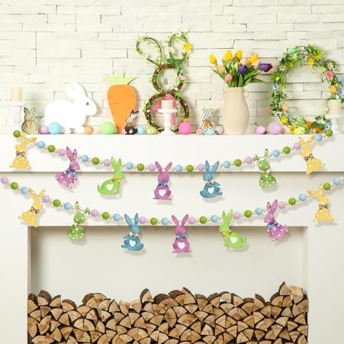 1 Set Easter Mantle Garland 6.56 ft Wood Easter Beads Banner Colorful Bunny