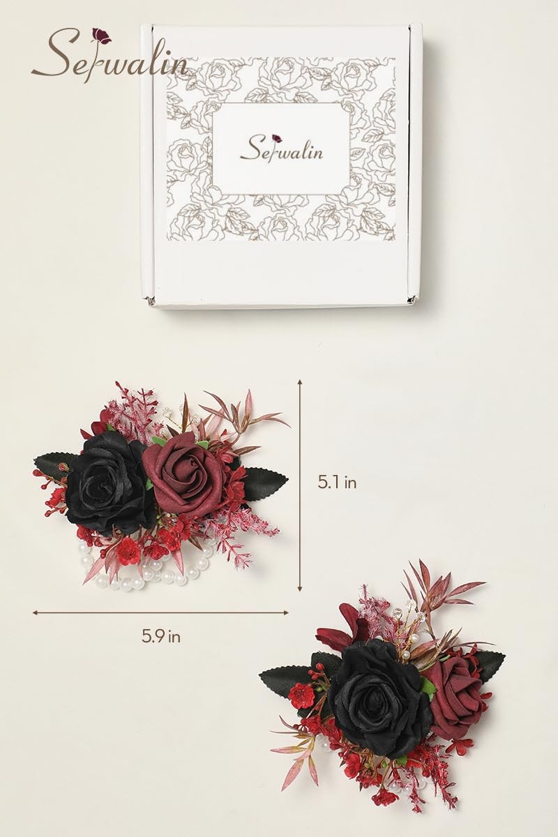 Set of 2 Black Burgundy Wrist Corsage for Wedding 6-7″ Bridesmaid Flowers