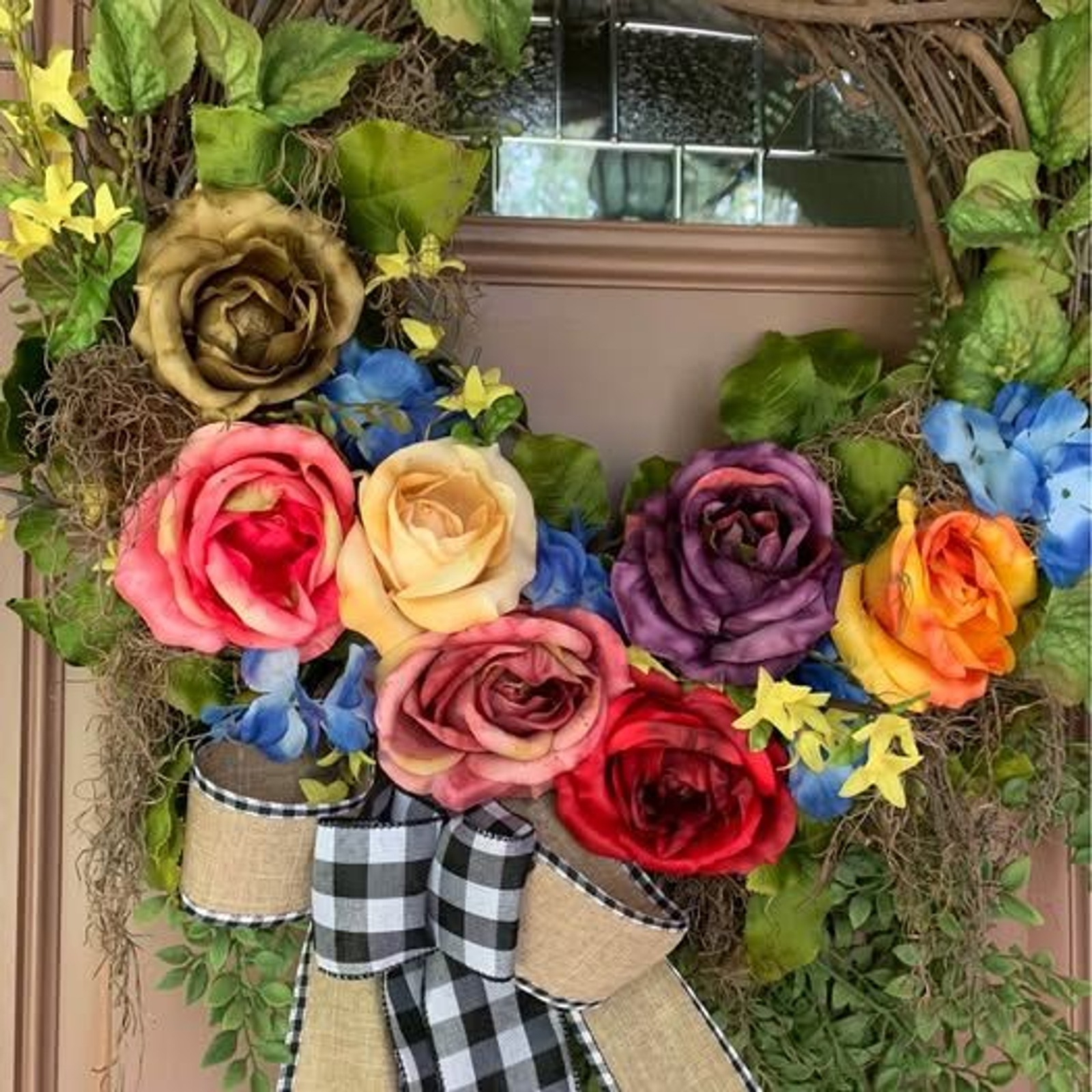 Floral Summer Roses Wreath for Spring Summer with Buffalo Check Bow 26 inch