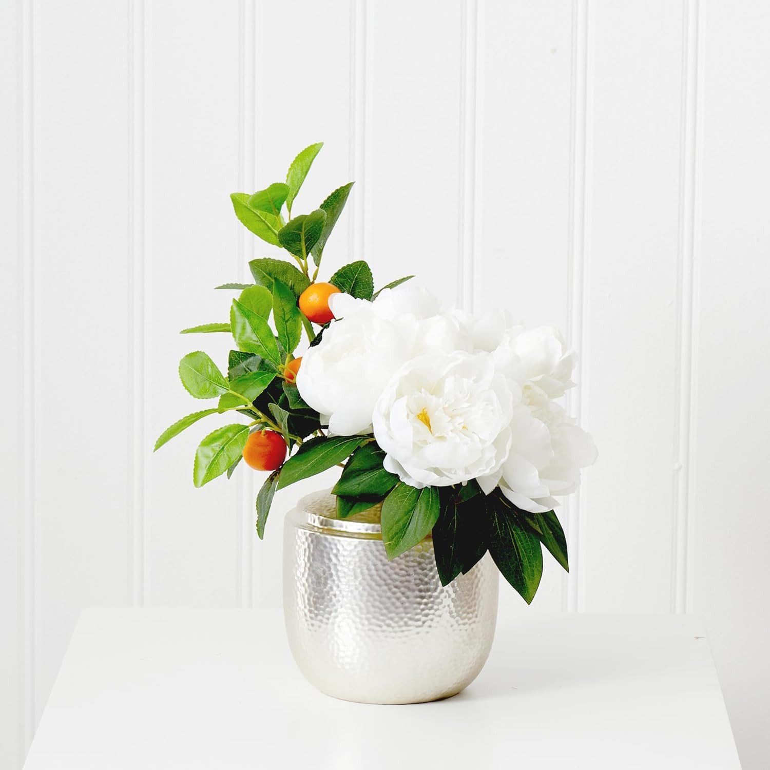 Elegant 16″ Artificial Peony & Dahlia Arrangement in White Vase