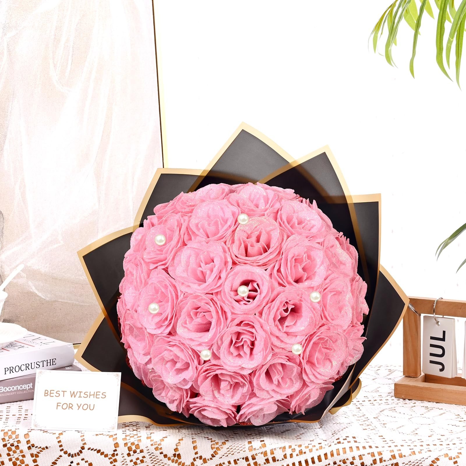 Pink Glitter Roses Bouquet – 24 Artificial Flowers for Wedding, Engagement, Vale