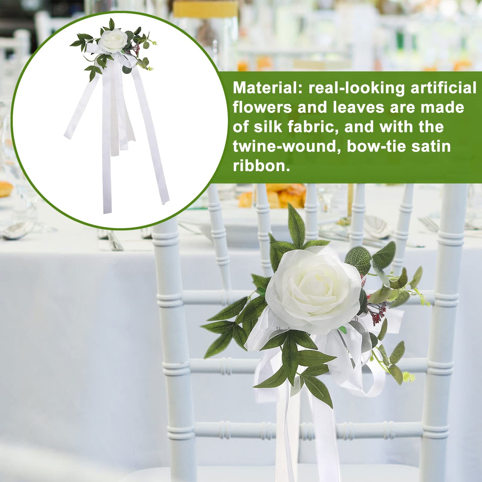 FQQWEE 6Pcs Wedding Aisle Chair Decorations White Rose Floral Wedding Chair B…