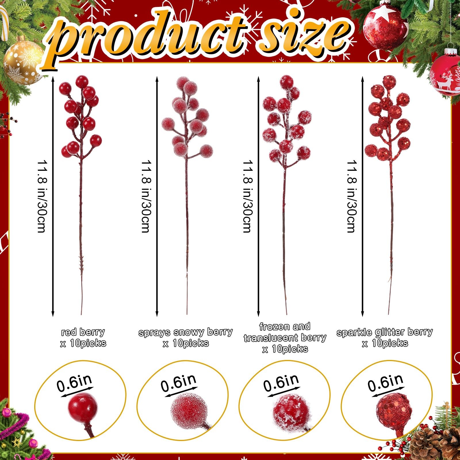 40 Pcs 9.8 Inch Red Valentine’s Day Artificial Holly Berry Picks Stems Set, 4…
