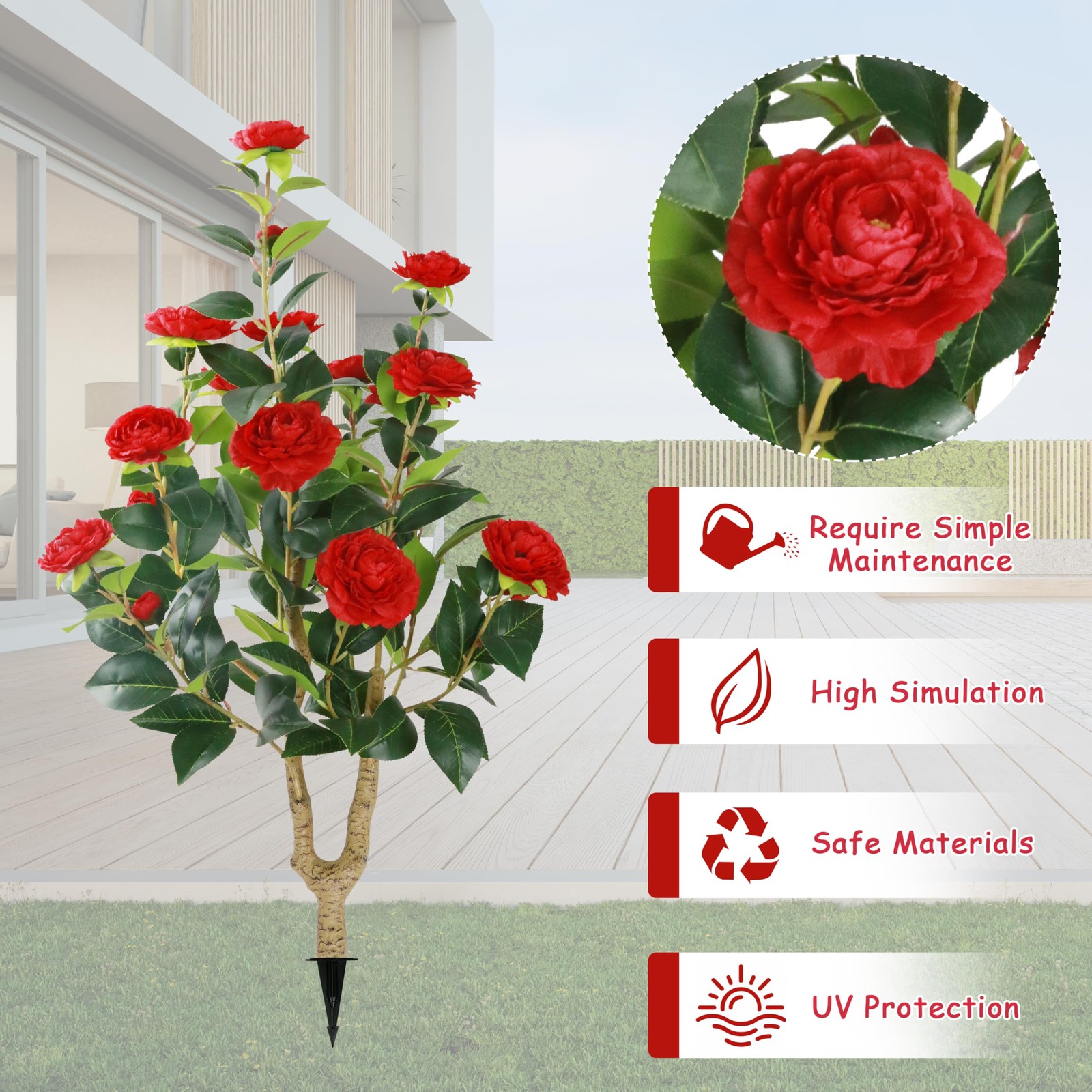 Sunnyglade 2 Packs 35.5″ Artificial Camellia Tree, Faux Red Camellia Flowers …