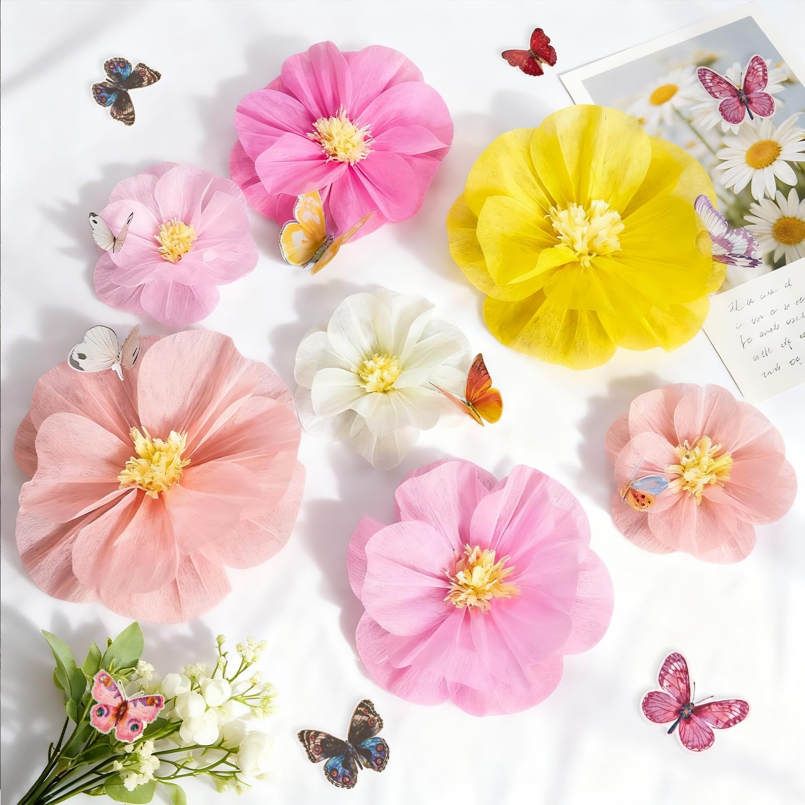 Large Paper Flower Decorations with 3D Butterfly Stickers Pink Yellow Giant T…