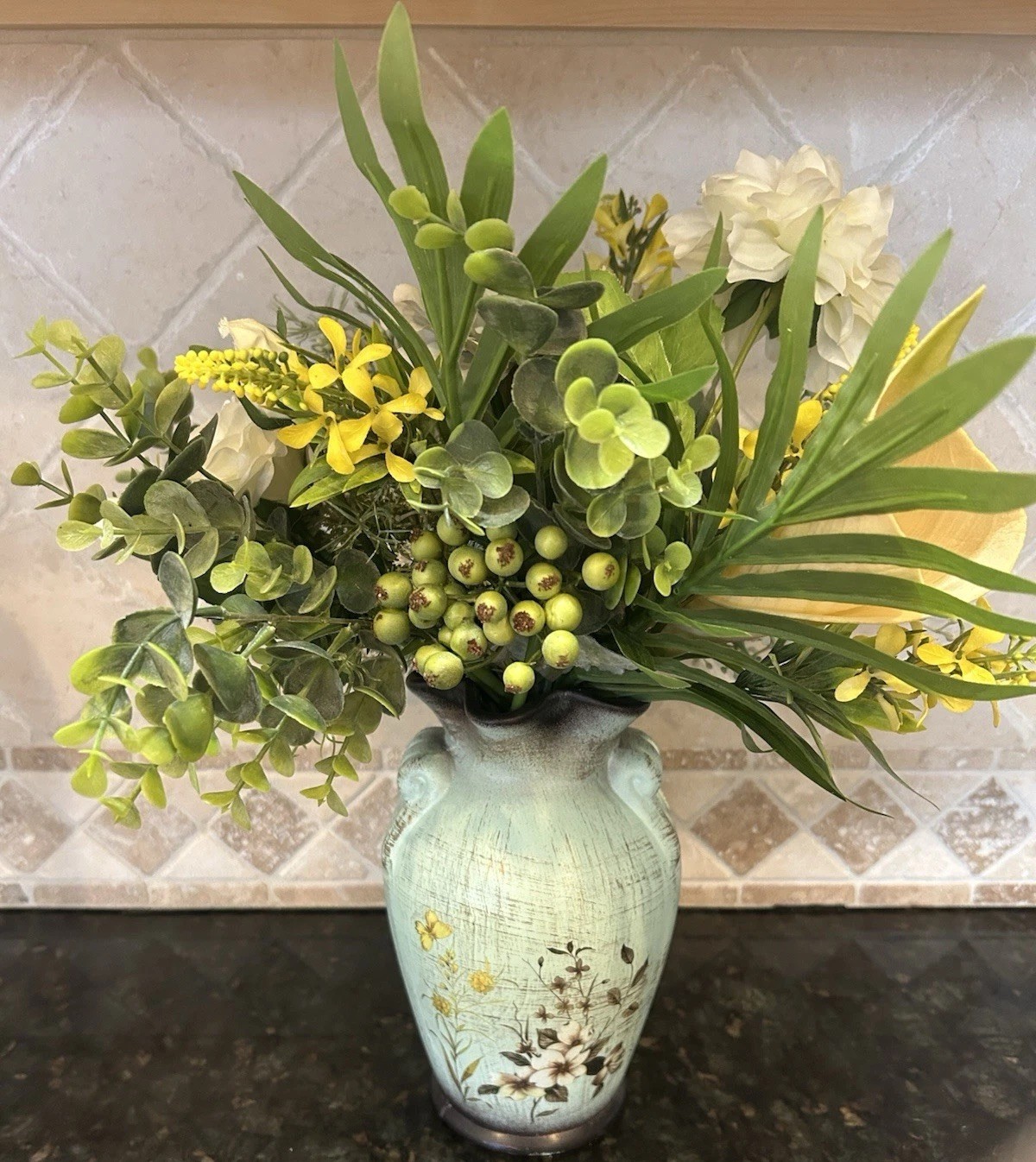 Faux Floral Arrangement in Ceramic Vase Yellow White Home Table Centerpiece