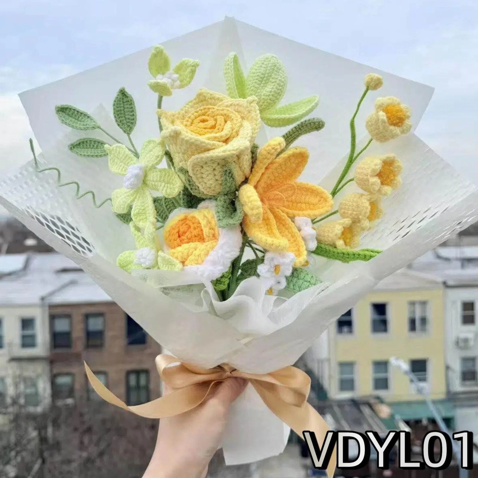 Yellow White Rose Daisy Crochet Bouquet Thank You Get Well Birthday Gift