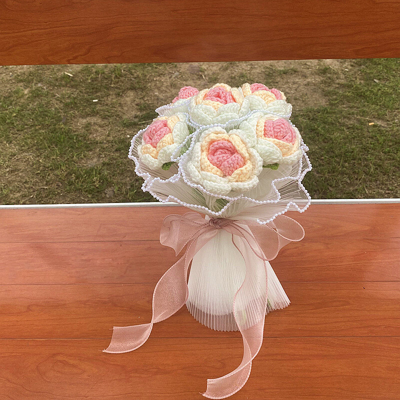 Handmade Crochet Flower Knitted Rose Flowers Woven Bouquet Wedding Decoration x1