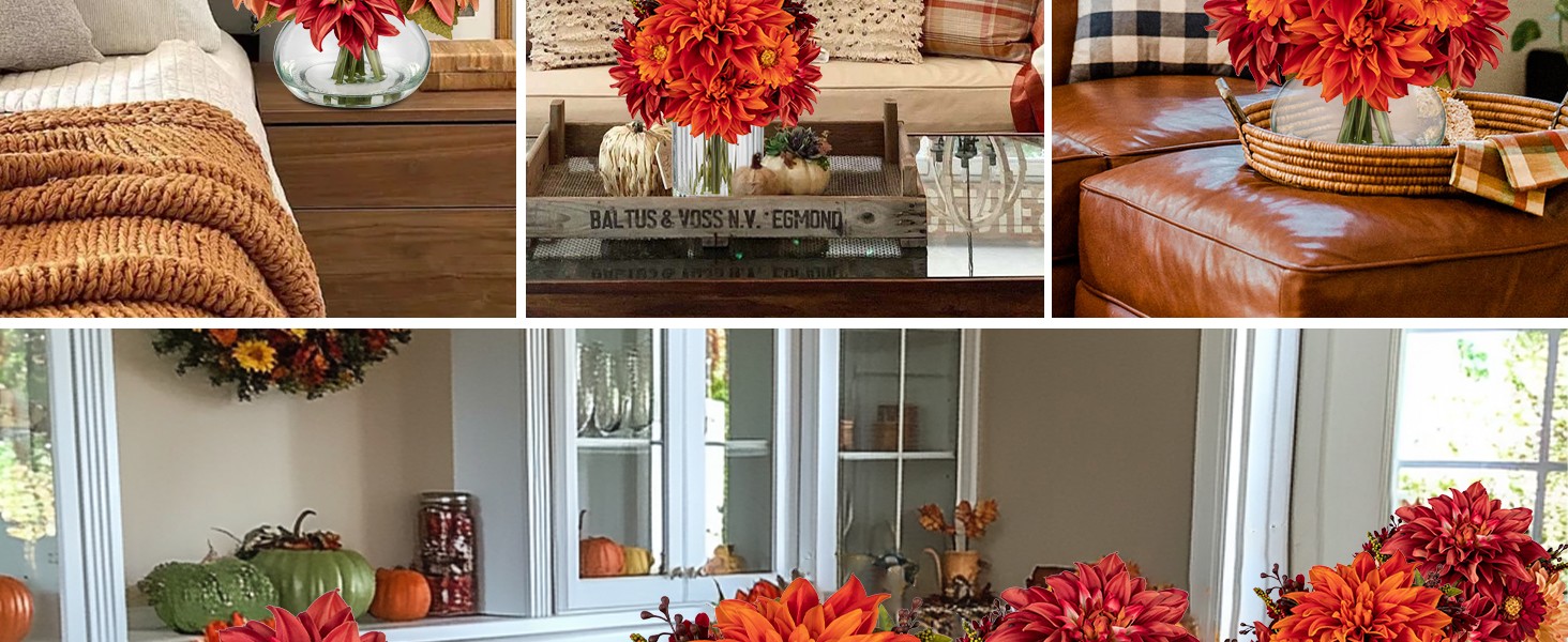 Faux Fall Flowers in Vase, Artificial Dahlia & Mum Silk Floral Arrangement with
