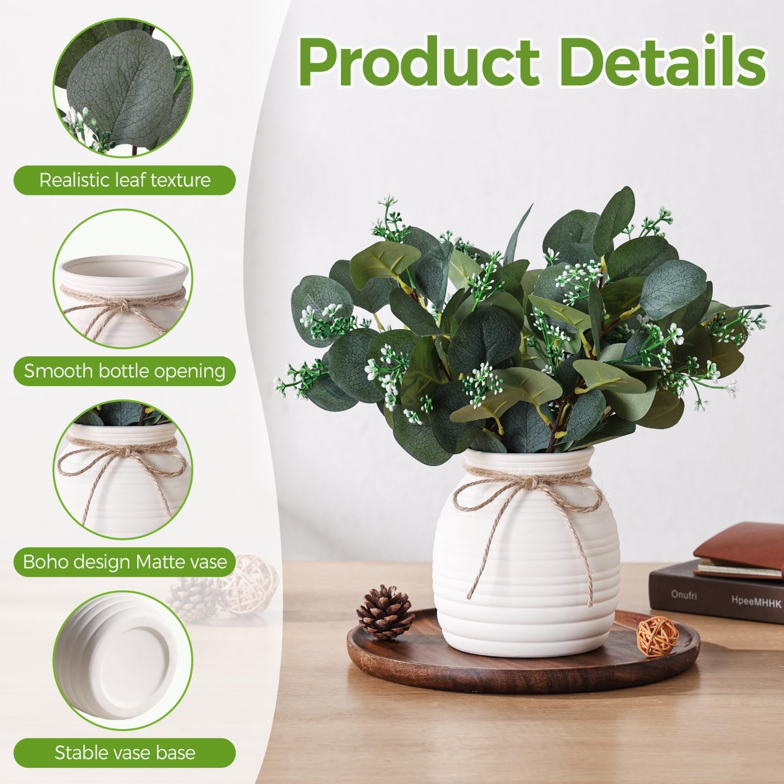 20pcs Eucalyptus Faux Plants in Vase | Modern Farmhouse Home Decor, Indoor Green