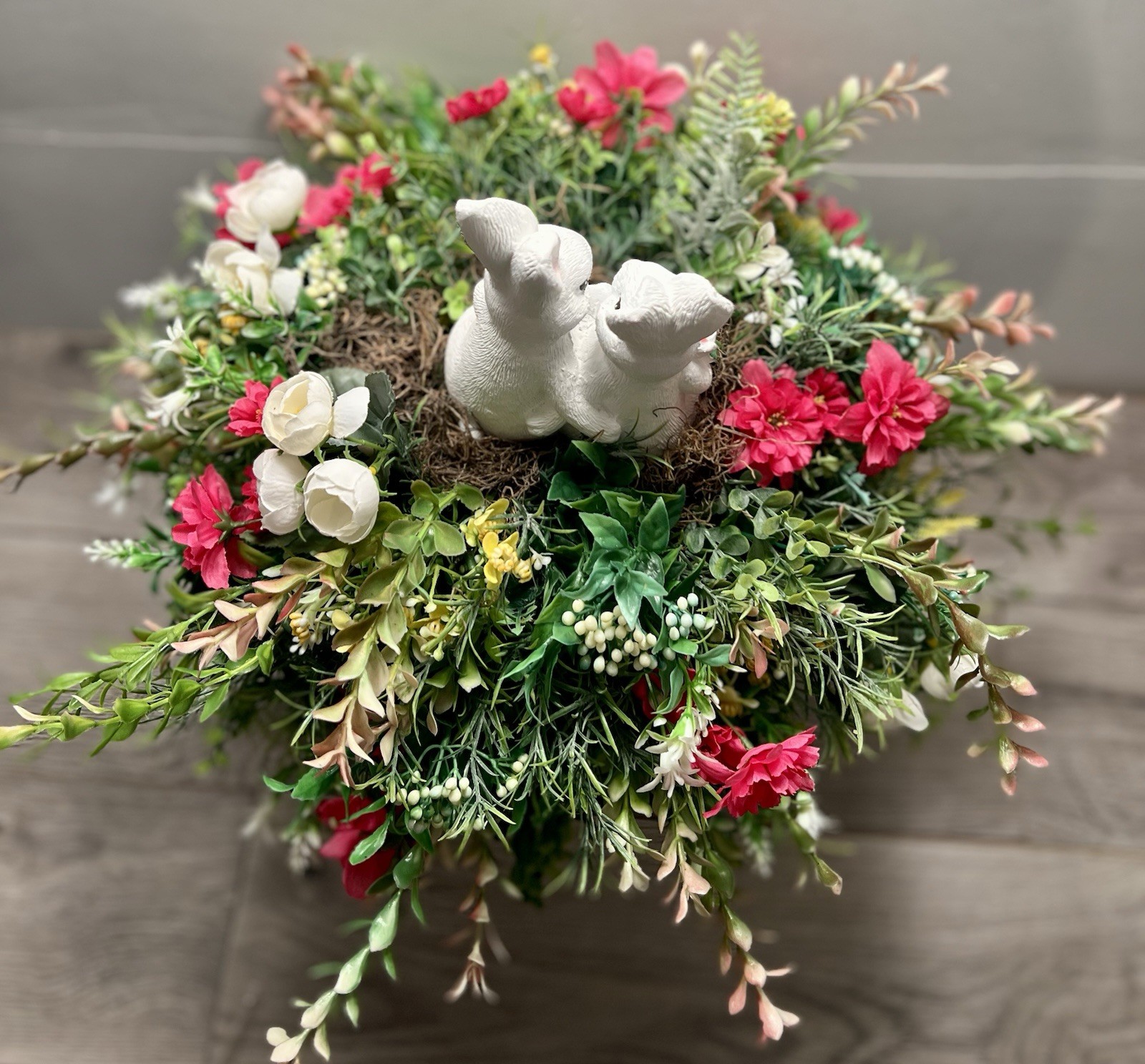 Spring Easter Candle Stick Floral Arrangement Greenery Flowers Rabbit