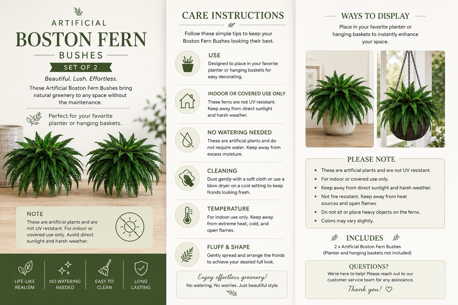 48″ Boston Fern Artificial Bush Plant Pack 2. Retail $103