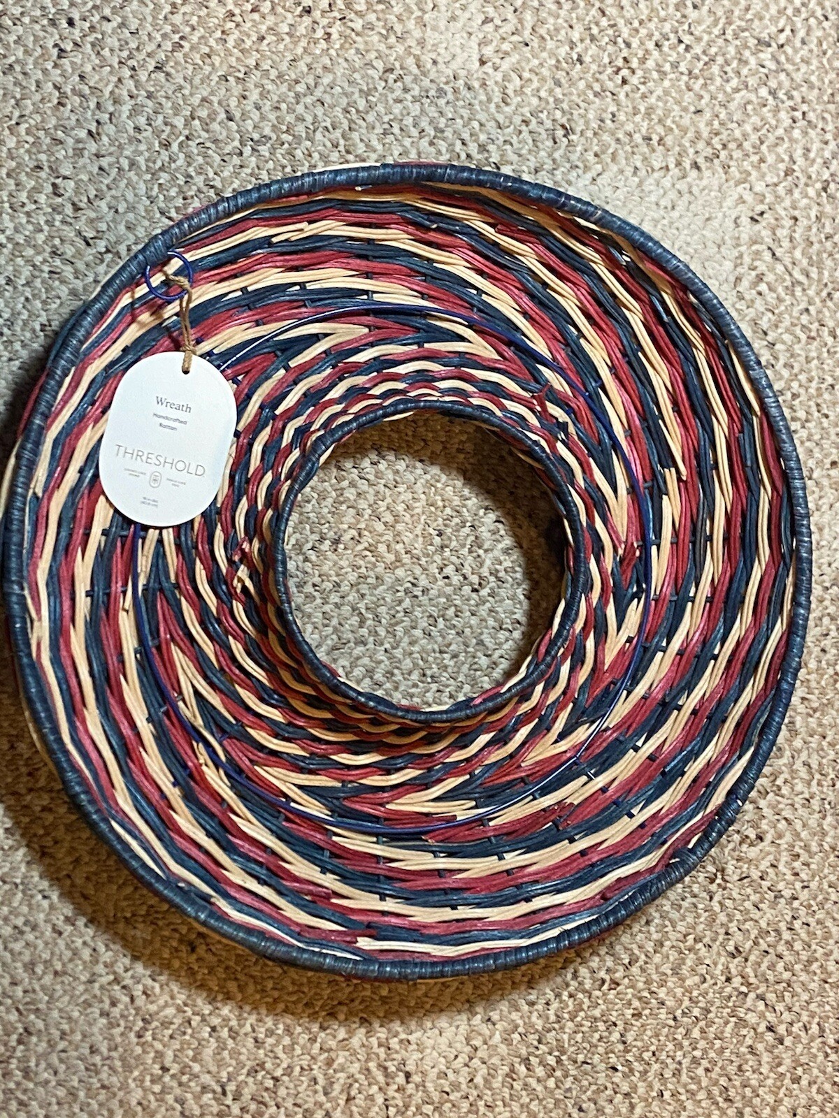 New Threshold Round Handcrafted Rattan Wreath Floral Decor 16″ Red Blue Tan