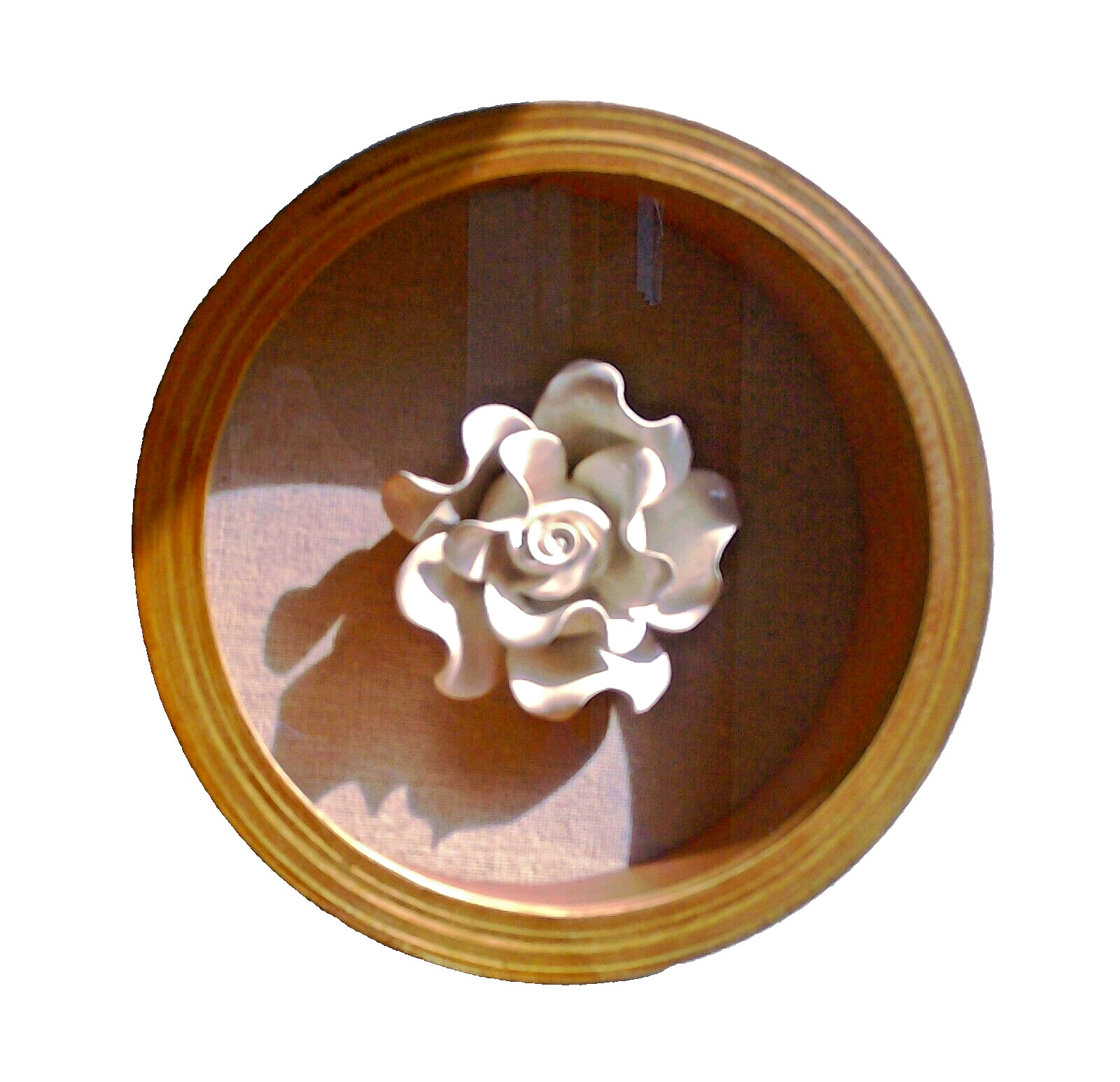 Set of 2 Ceramic White Rose Art Wall Decor In Round Wood Shadow Box Frame