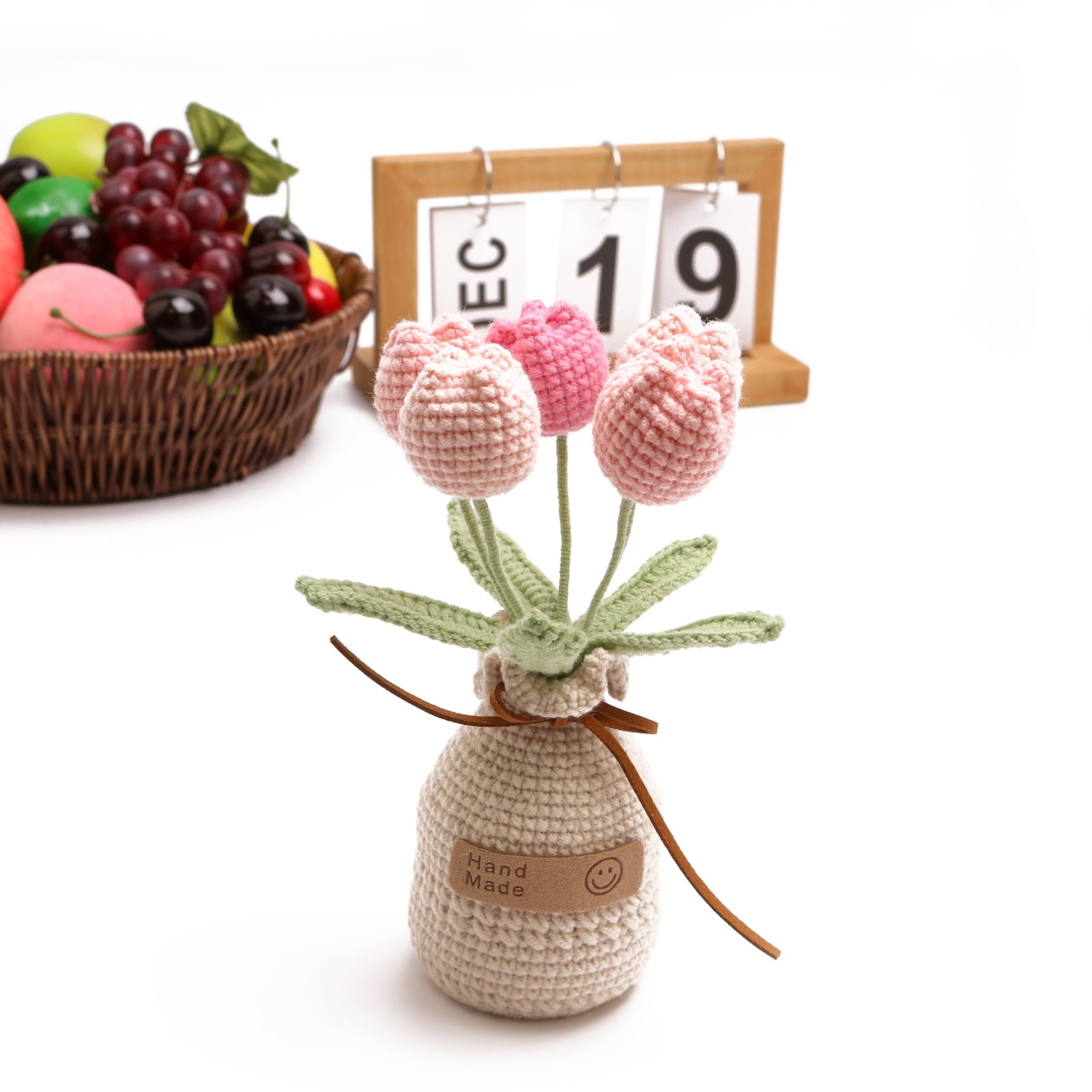 5 PCS Pink Crochet Woven Tulip With Wool Simulation Plant Home Office Decor