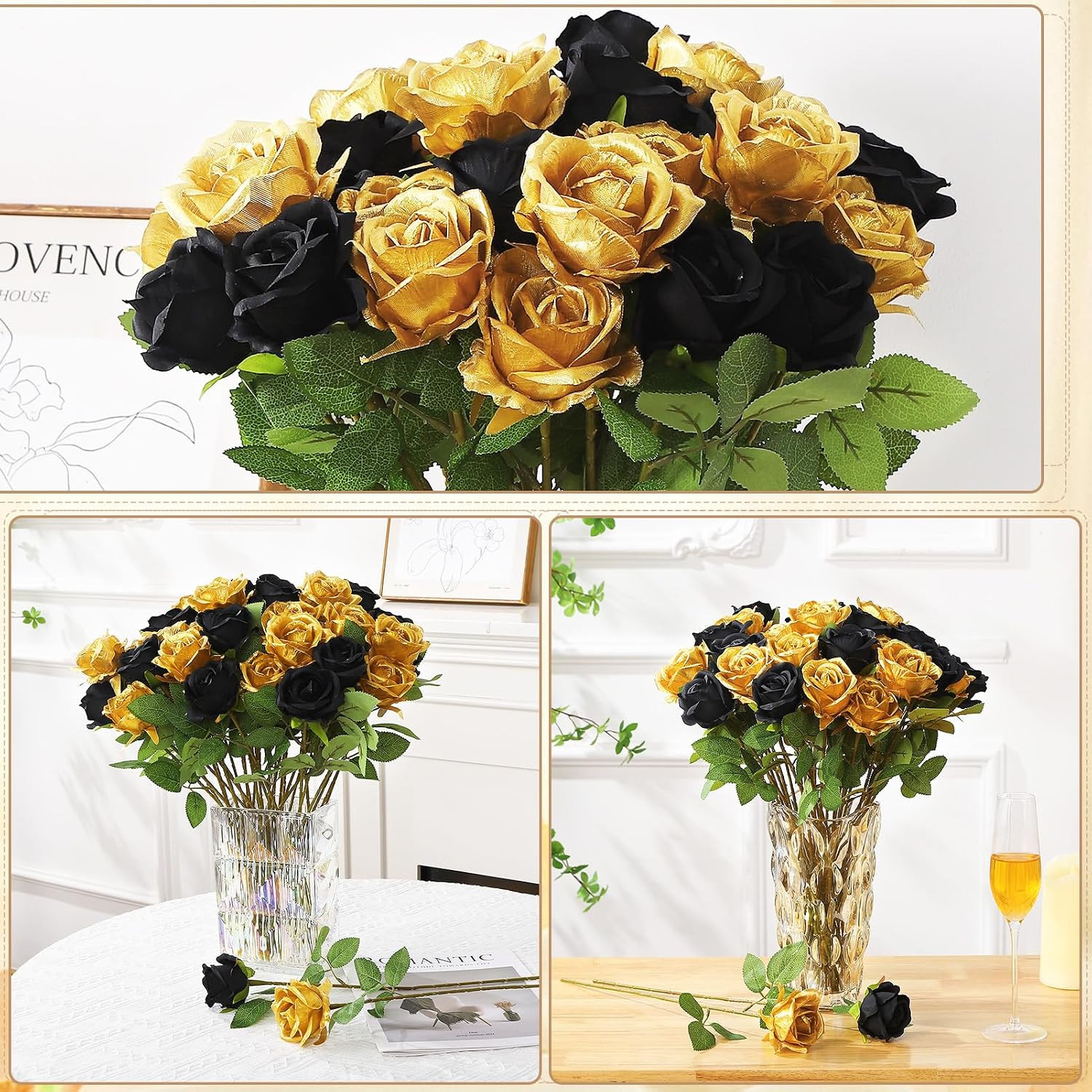 72 Pcs Gold & Black Artificial Roses for Home, Wedding & Birthday Decor