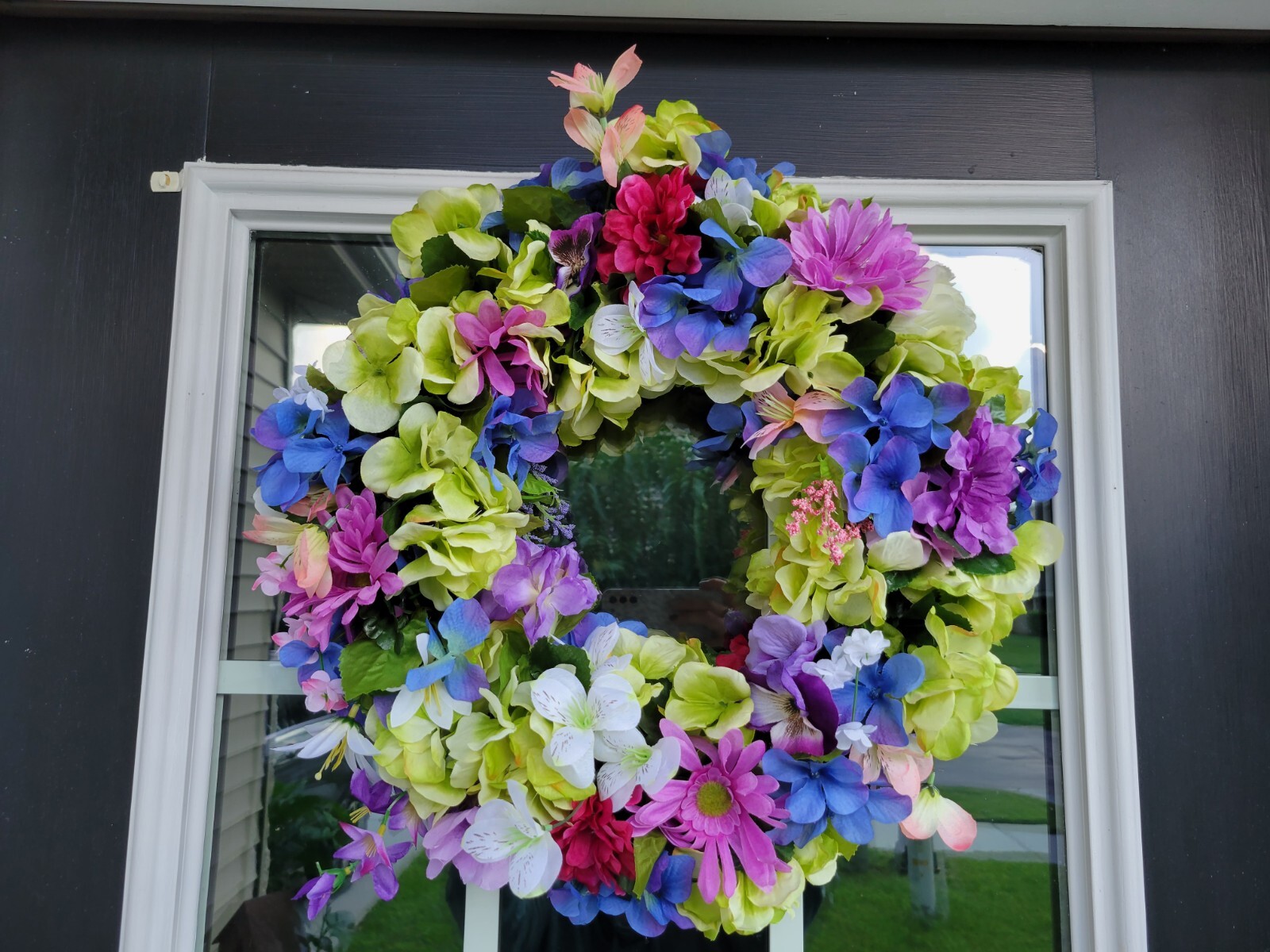 FLORAL one of a kind WREATH flowers Decor Front Door 16″ purple blue pink green