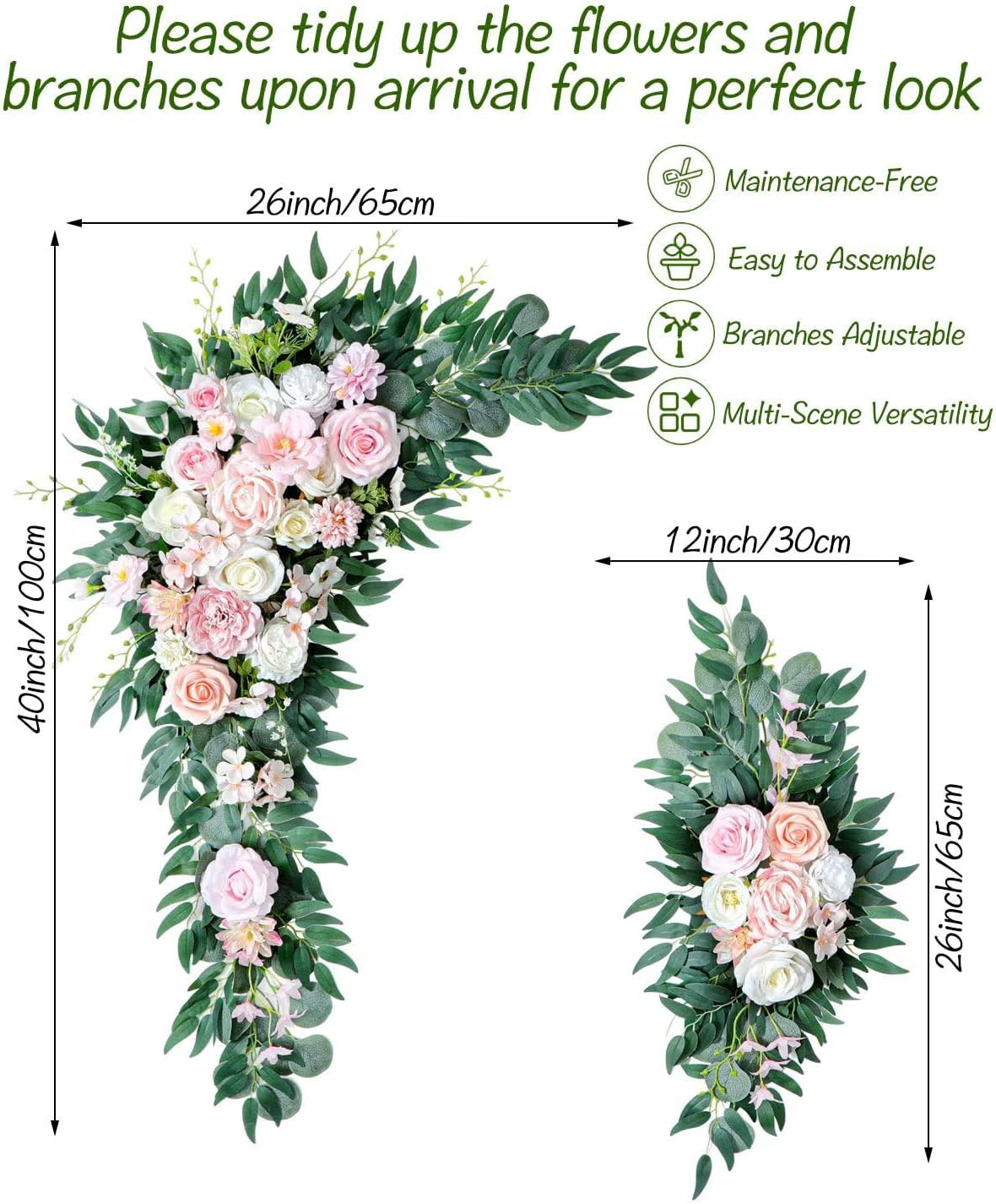 40In 2Pack Artificial Wedding Arch Flowers Kit,Faux Blush White Floral Swag Arra