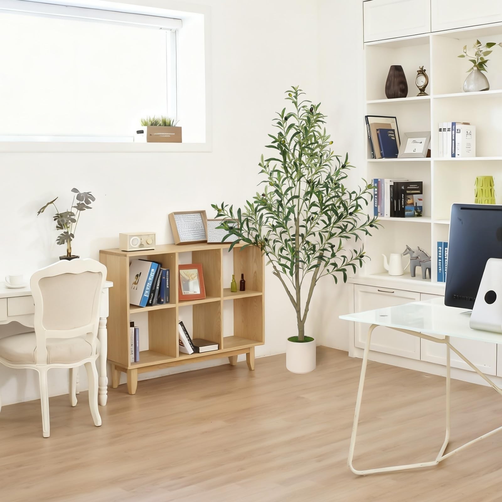 Faux Olive Tree 5FT – Artificial Indoor Plant with White Planter – Home Decor