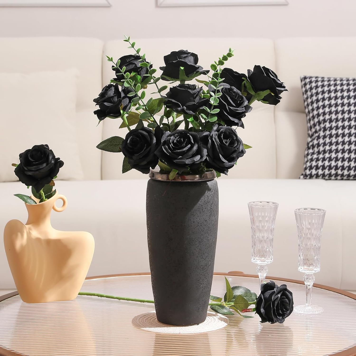 Black Roses Artificial Flowers -12 pcs Realistic Single Long Stem Fake Silk Rose