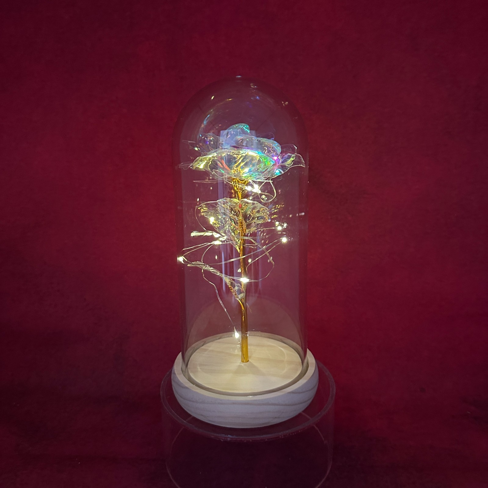 “ENCHANTED ROSE” FOIL FLOWER ENCASED IN A GLASS DOME WITH LED FAIRY LIGHTS
