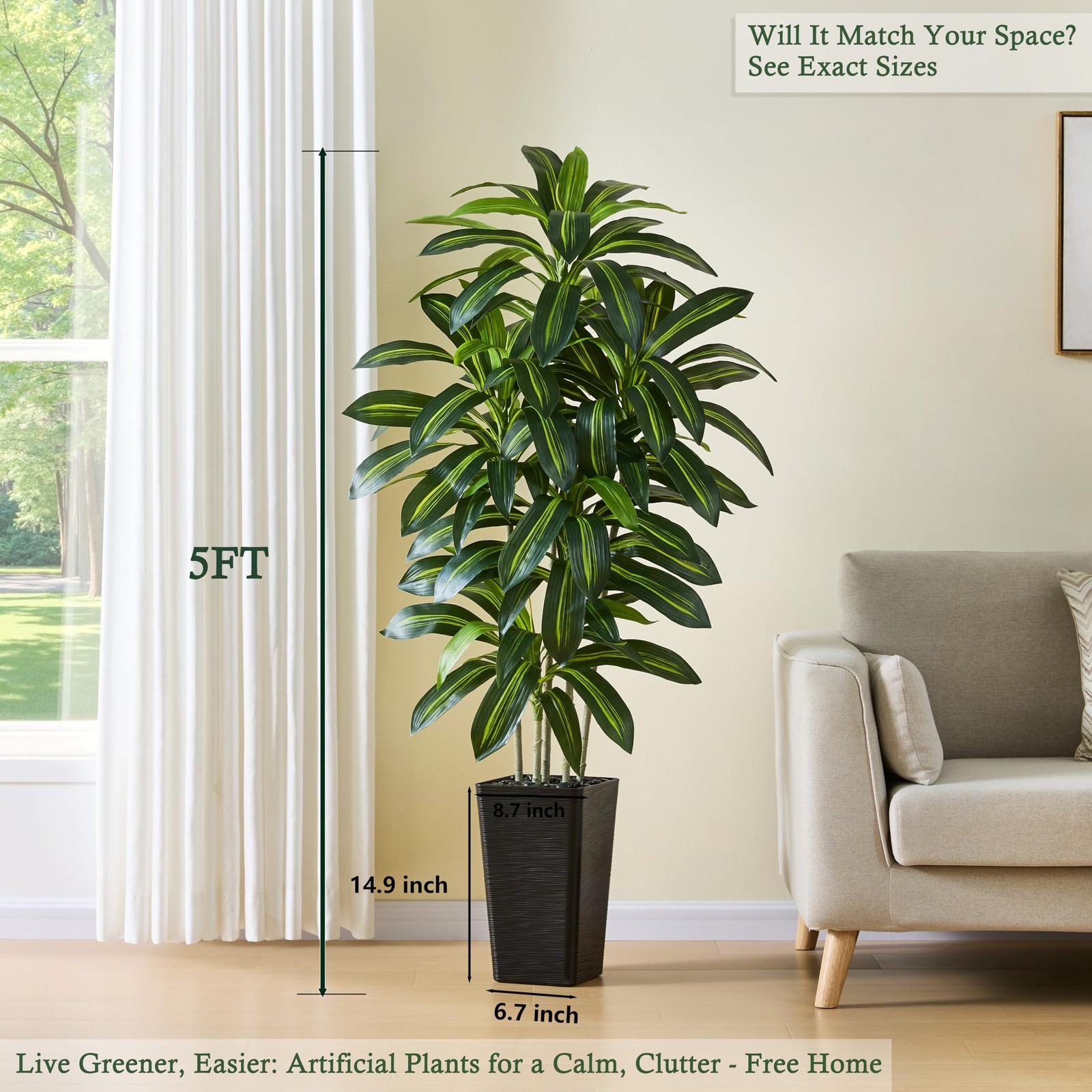 Artificial Dracaena Tree：5FT Faux Silk Tropical Yucca Floor Trees Realistic F…