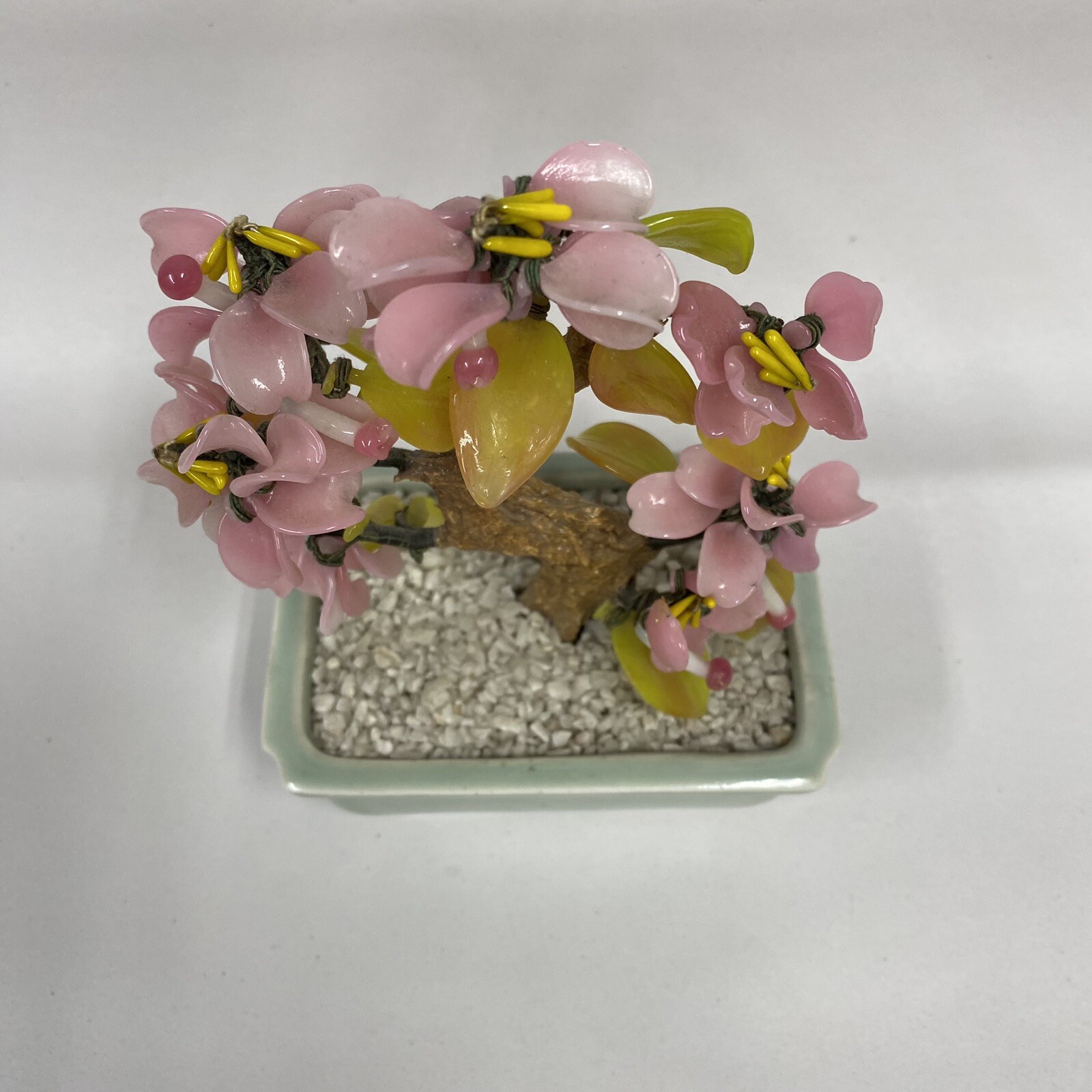 Glass Bonsai Tree Pink Flowers Artificial Plant Oriental Home Decor Vtg