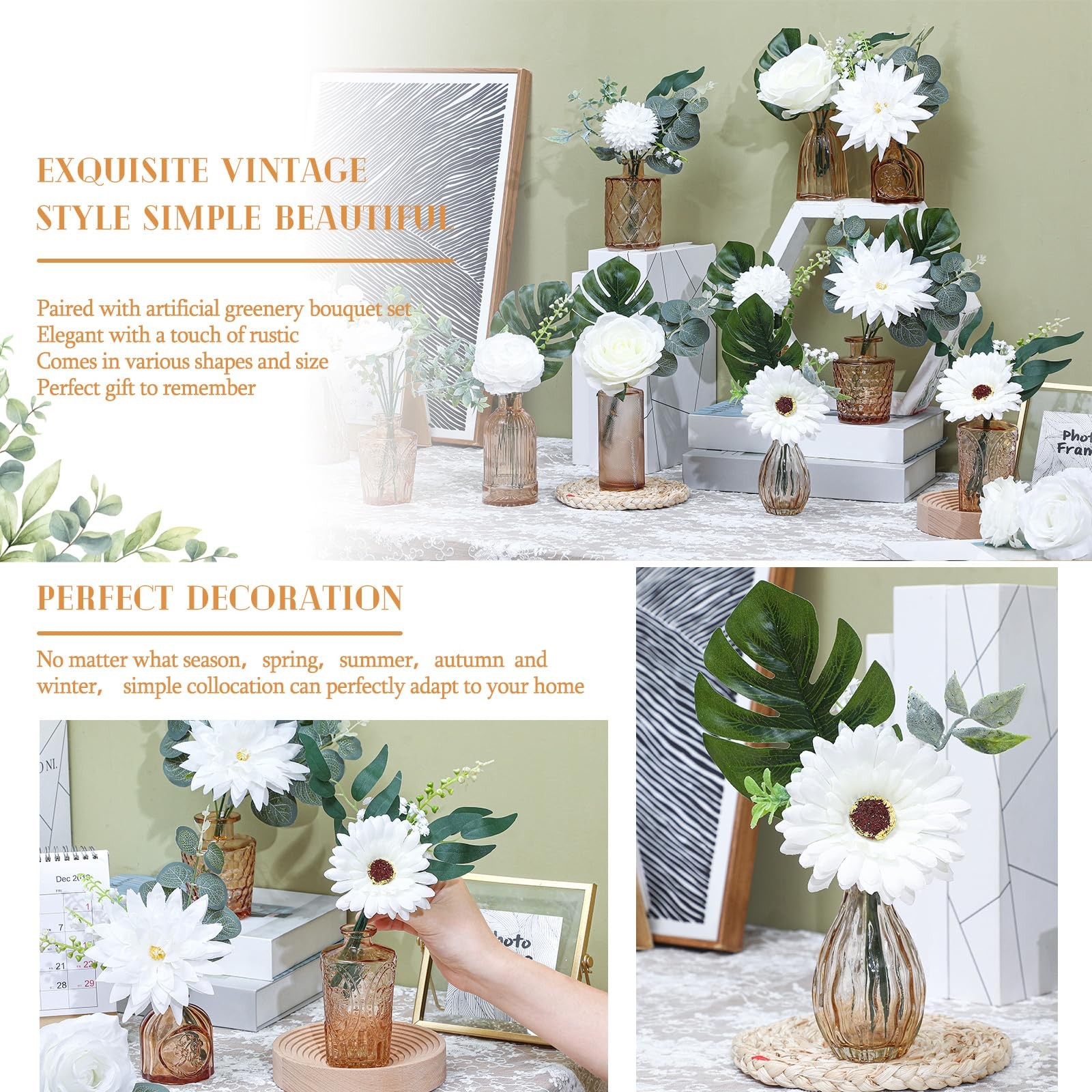 FoldTier 108 Pcs Artificial Flowers in Vase 96 Pcs Faux Greenery Stem Table C…