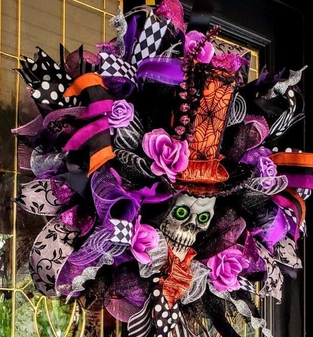 Halloween Wreath Decoration Large Deco Mesh Skull Top Hat Front Door Decoration