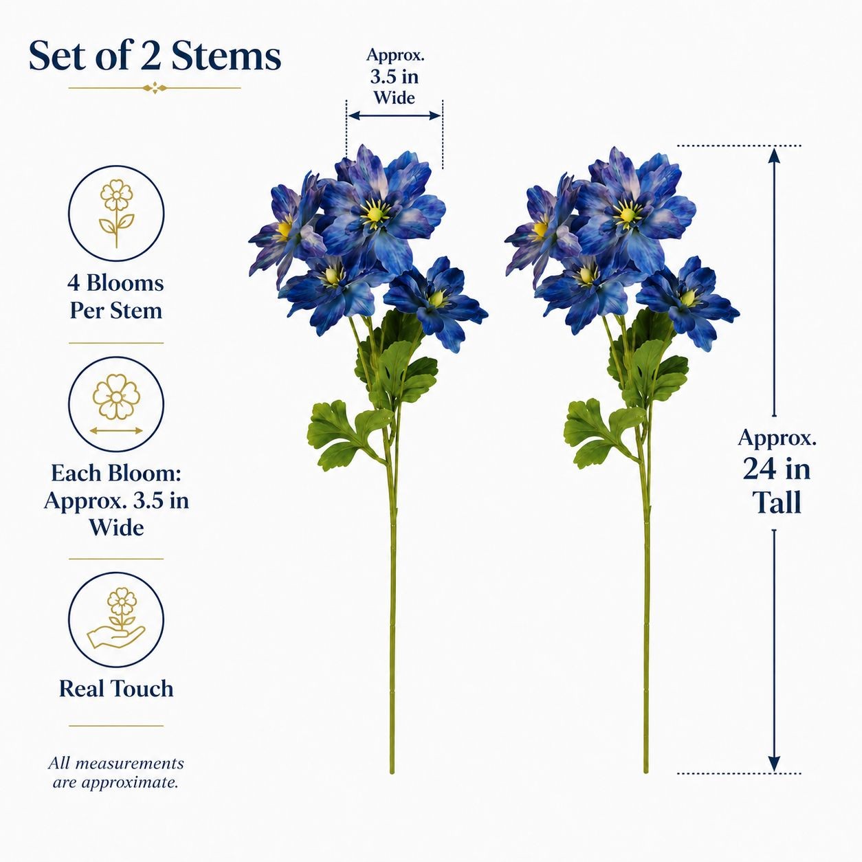 Blue Purple Real Touch Flower Stems Set of 2, 24 Inch Faux Flowers for Coastal C