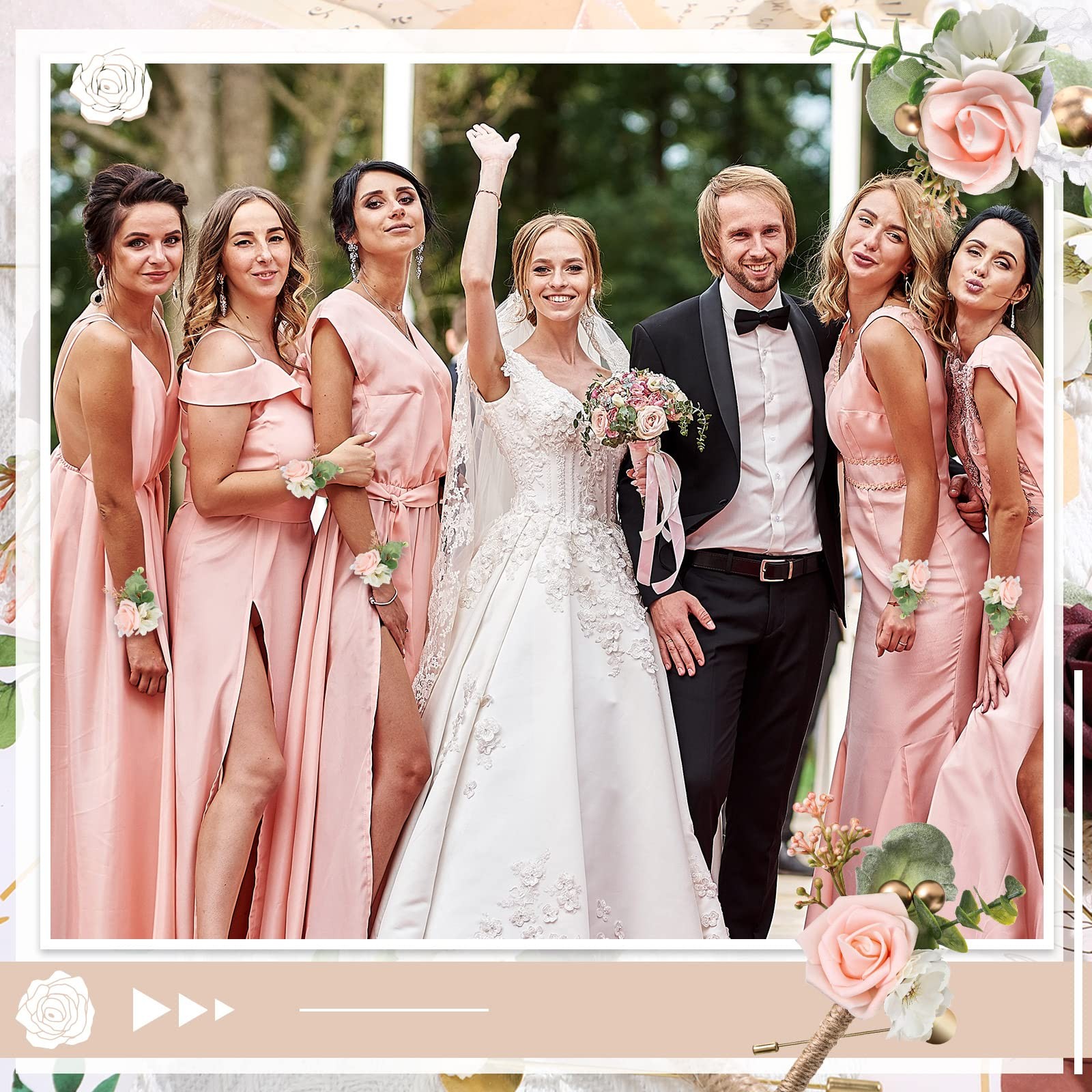12 PCS Pink Wedding Wrist Corsage and Boutonniere Set Prom Accessories