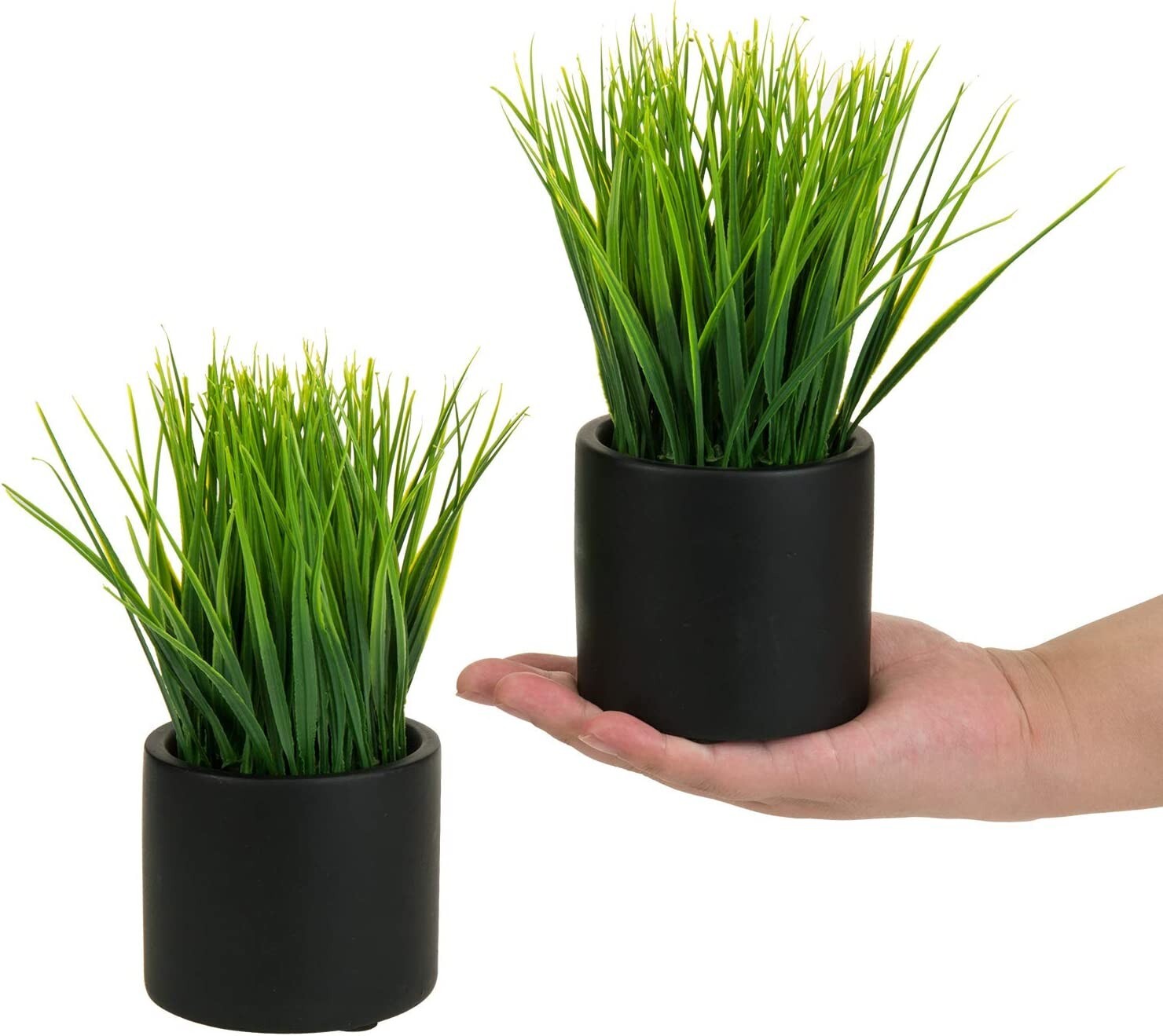Artificial Grass Fake Plant in Modern Round Black Cement Pots, Pack of 2