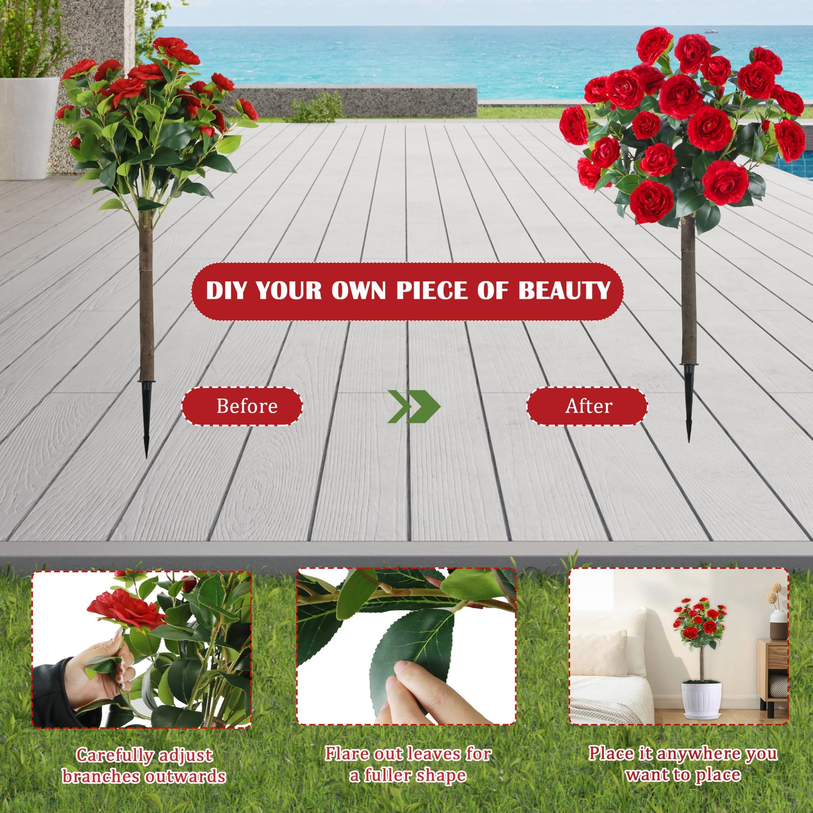 Sunnyglade 35.5″ Set of 2 Artificial Camellia Tree, Faux Red Camellia Flowers…