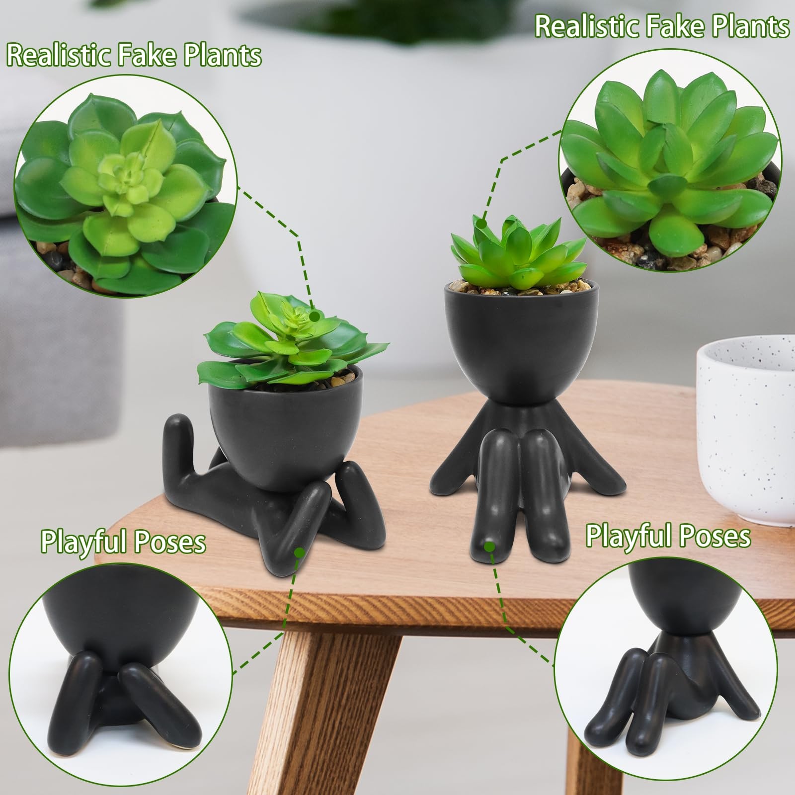 2 PCS Cute Mini Artificial Succulent Plants W/ Black Human Shaped Pots Desk