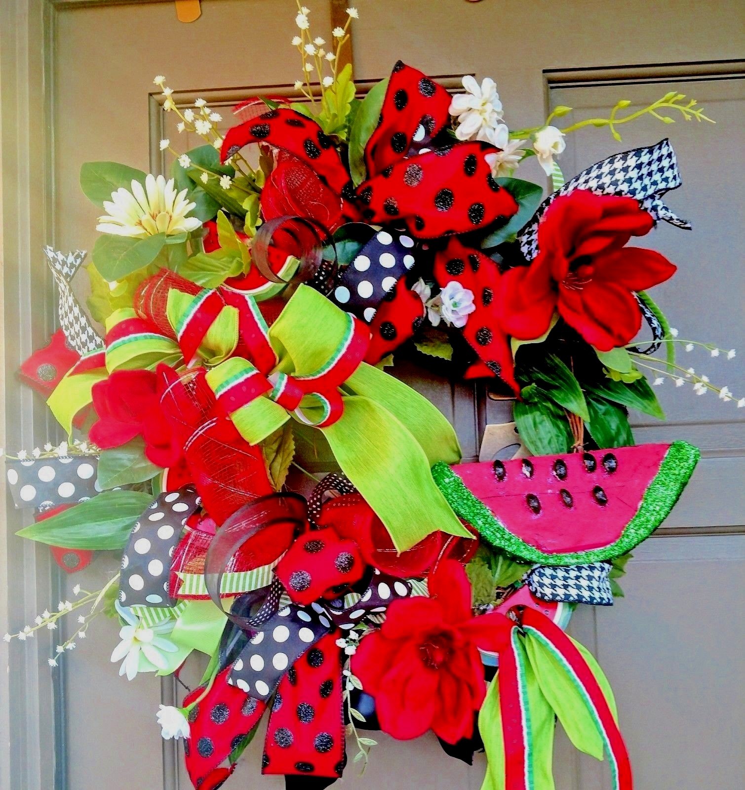 Large 24″ Summer Watermelon Front Door Wreath Handmade Red Farmhouse Decor