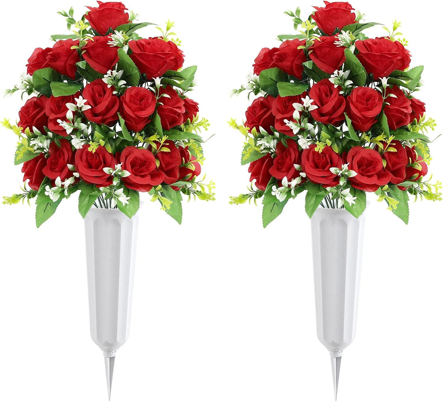 2Pcs Artificial Cemetery Flowers with Vase for Grave, Silk Memorial Day Rose Flo