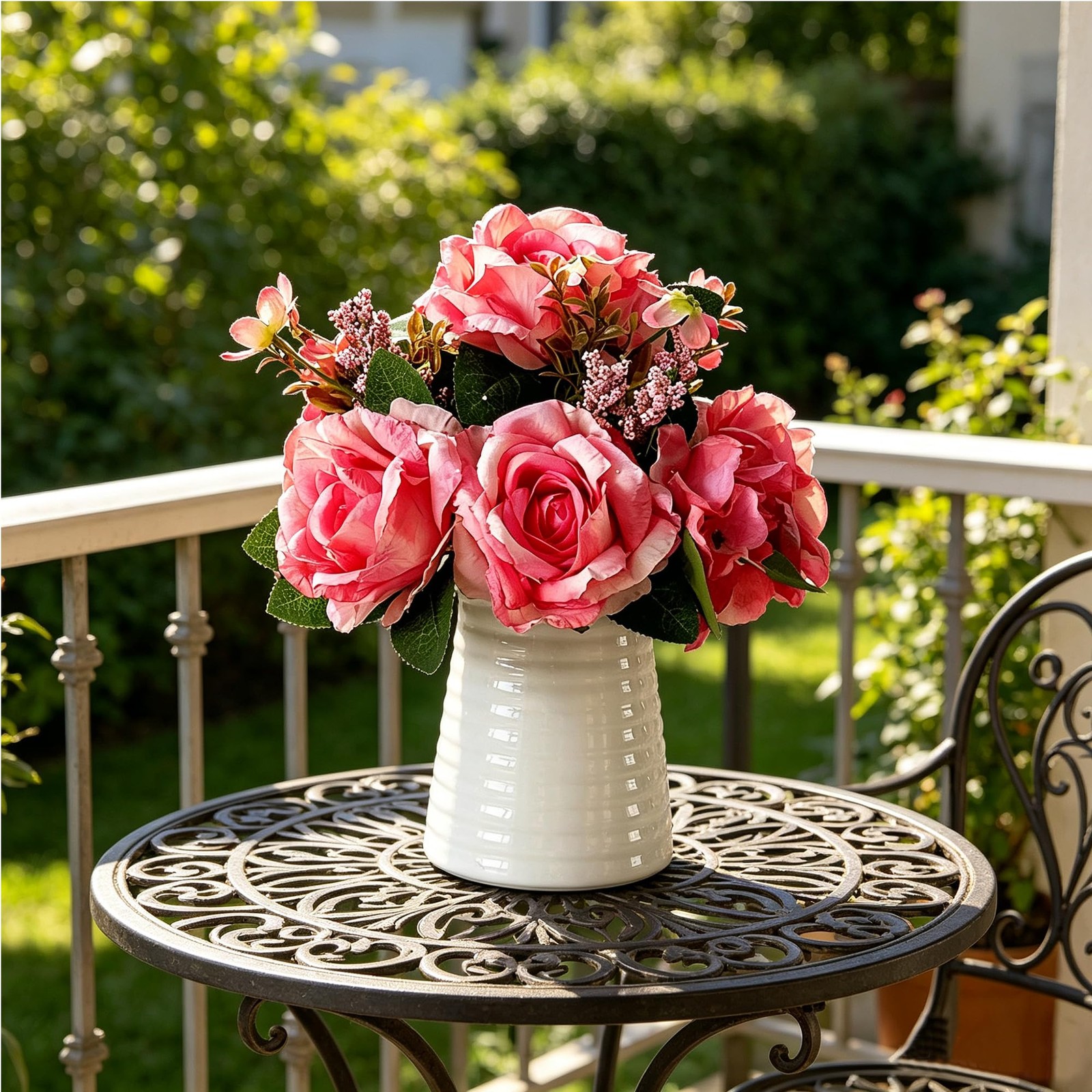 Artificial Rose Arrangement in White Ceramic Vase, Pink Silk Flowers with Fol…