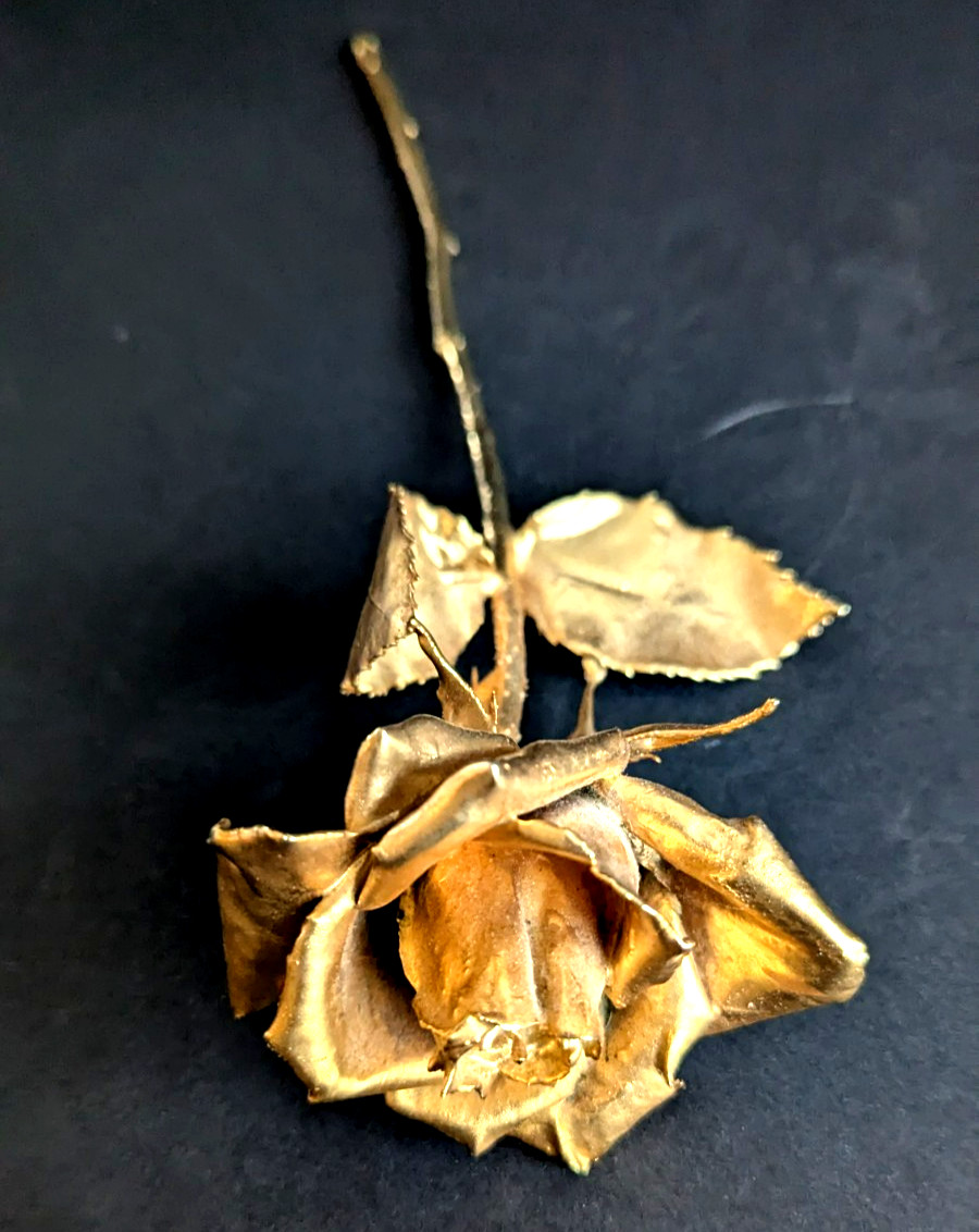 Golden Rose Figurine Real Preserved Rose Metallic Gold Dipped Decoration 11.1/8″