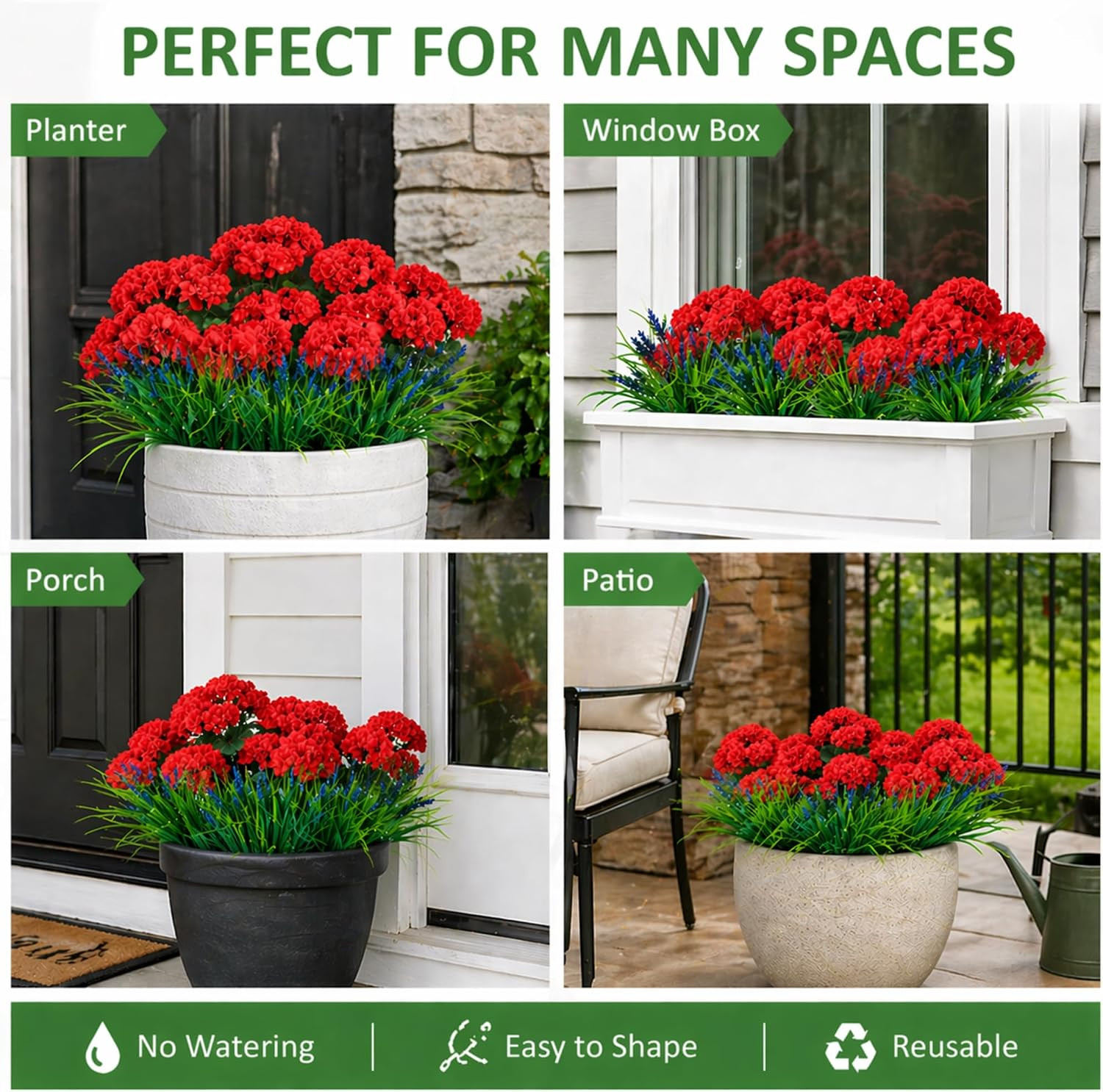 Realistic 13 Pcs Red Geraniums & Grass for Outdoor Home Garden Decor