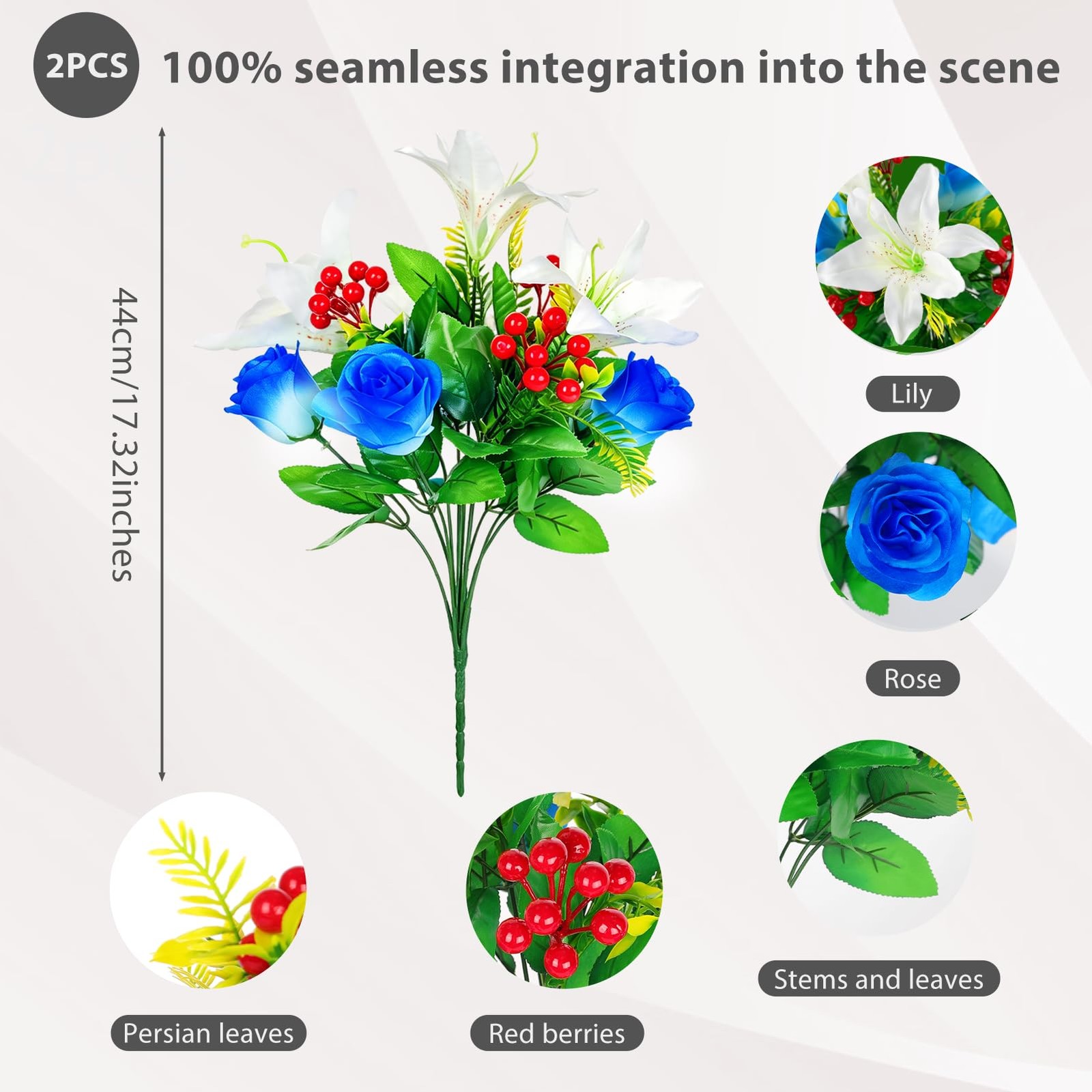 2 Bouquets Artificial Red White Blue Flowers for Cemetery – Realistic Patriot…