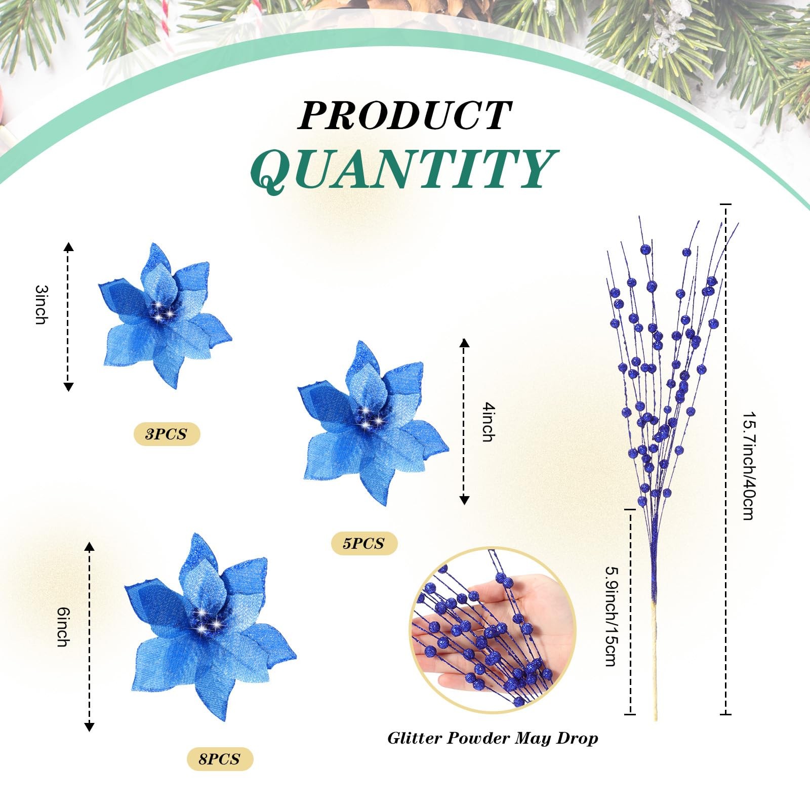 32 Pcs Christmas Tree Poinsettia Flowers and Berry Stems, 16 Pcs 3 Sizes Arti…