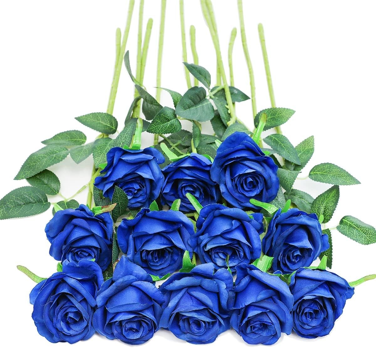 12 Pcs White Roses Long Stem, Artificial Silk Bouquet Wedding DIY