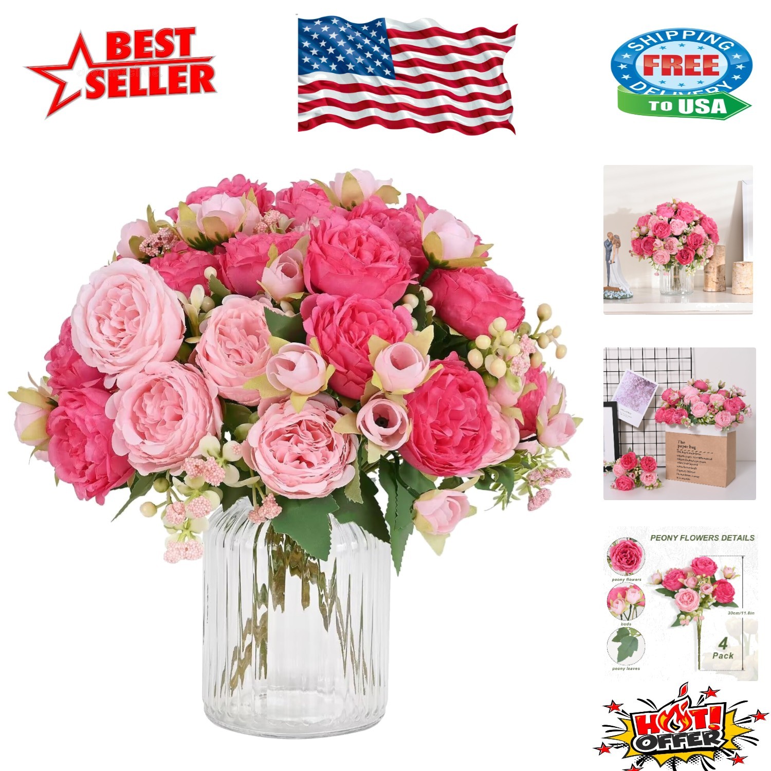 4 Packs Mixed Pink Artificial Peonies Bouquet for Home Decor & Weddings
