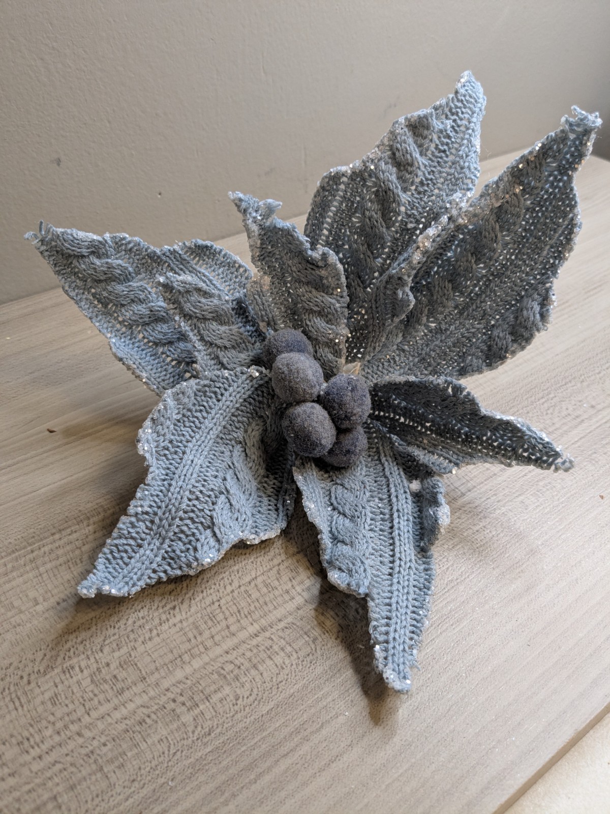 Blue Knit Pointsettia Stem Floral Pick Decor