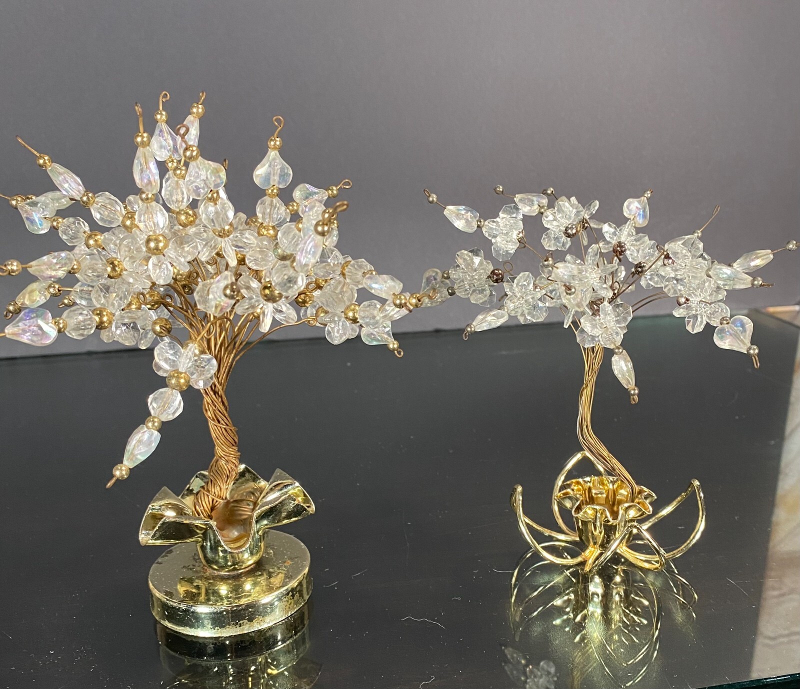 Vintage Twisted Wire Acrylic Beads Hearts Bonsai Money Luck Trees in Brass Pots