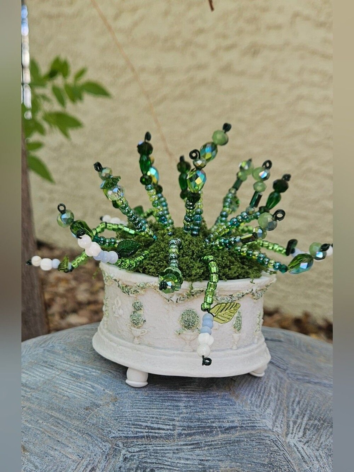 Handcrafted Green Beaded Succulent in White Decorative Pot