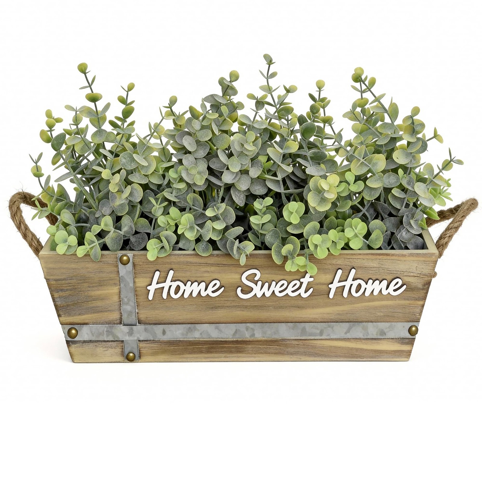 Faux Eucalyptus Table Centerpiece in Wooden Box, Rustic Home Décor, Jute Handles