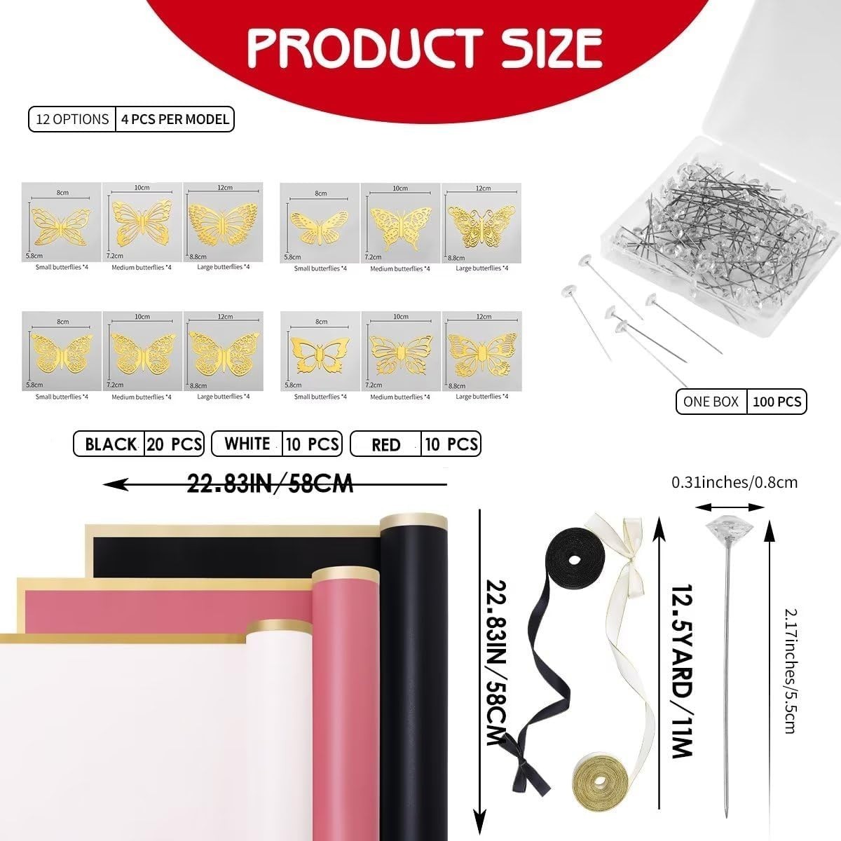 190Pc WEDDING Flower Bouquet 40 Sheet Wrapping Paper 48 Gold Butterfly Pearl DIY