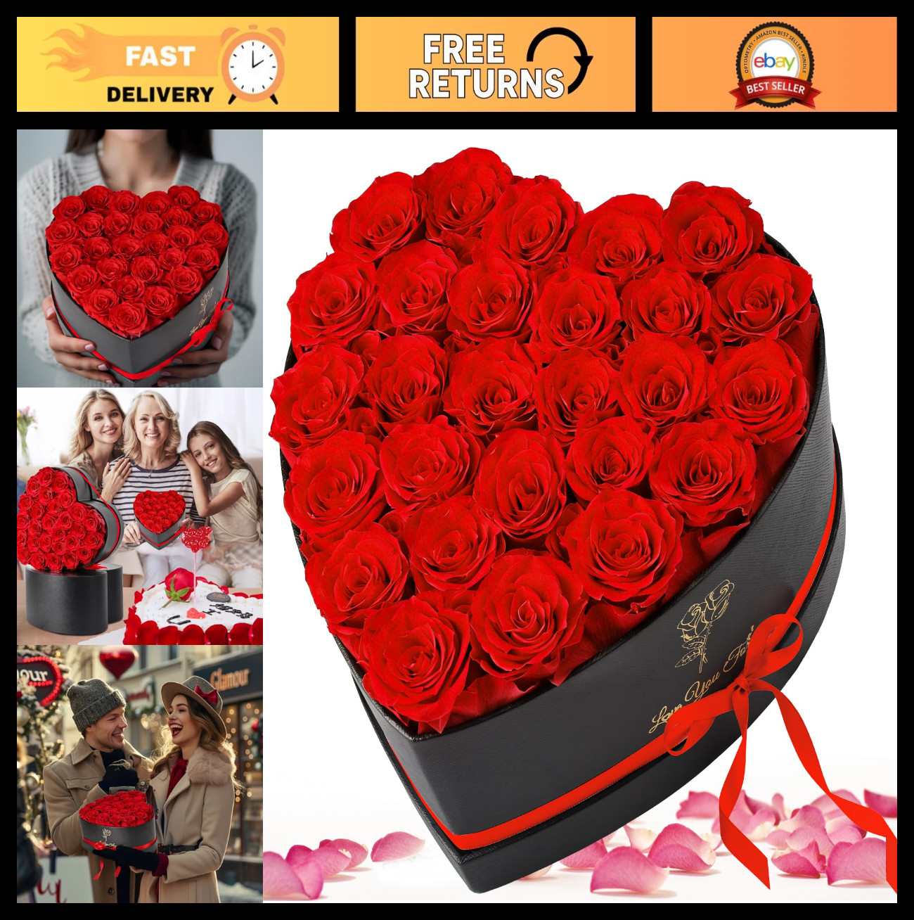27 Fresh Preserved Roses in Heart Box – Eternal Real Flowers for Her, Anniversar